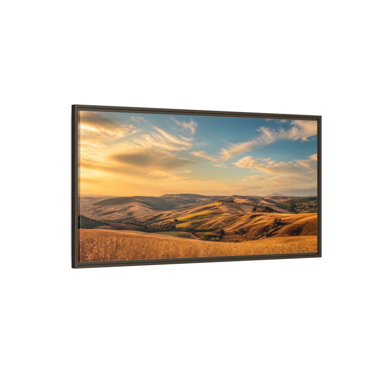 Side Mockup 4. Nature Rolling Hills Golden Landscape shown as stretched canvas wall art