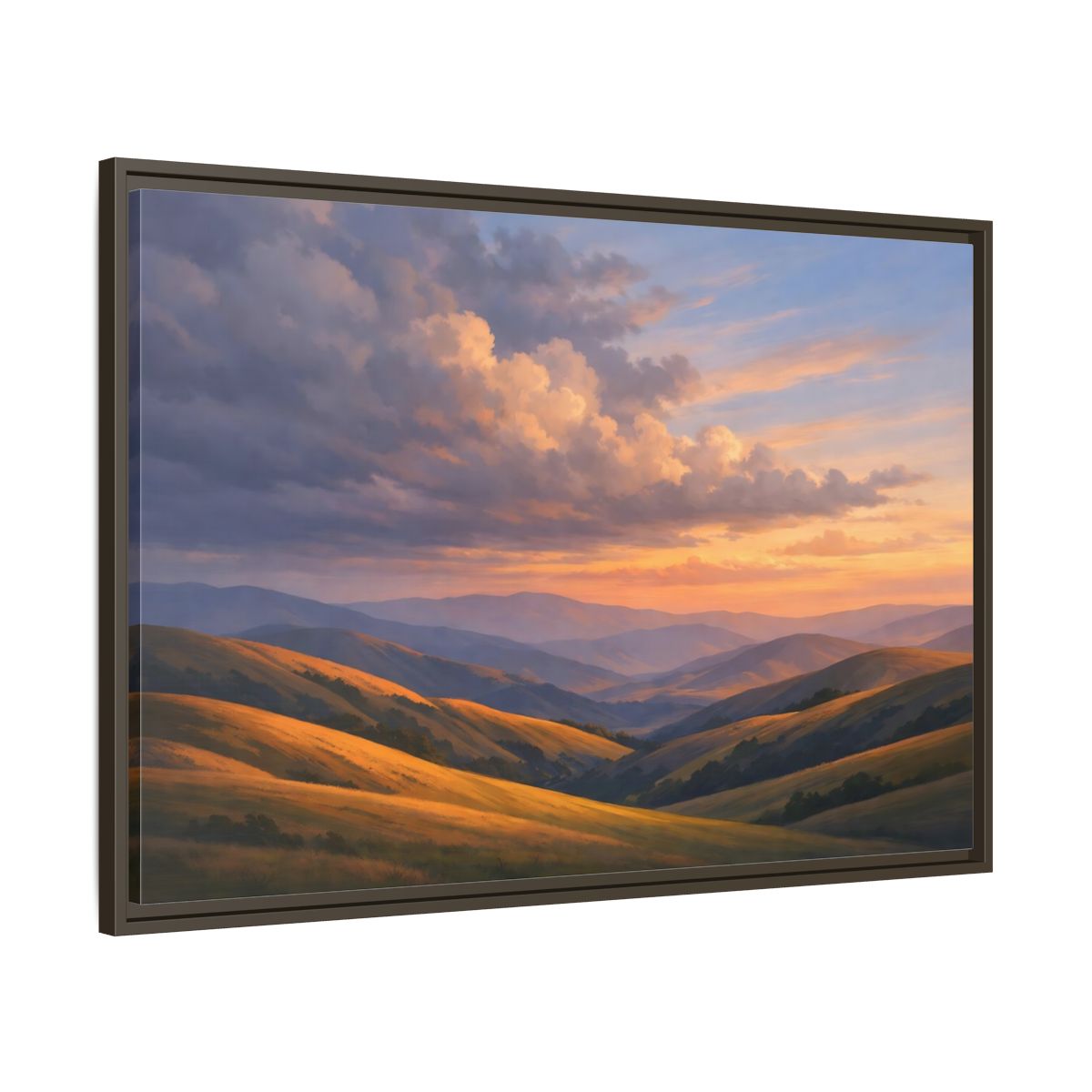 Main Mockup. Nature Rolling Hills Golden Sunset Landscape shown as stretched canvas wall art