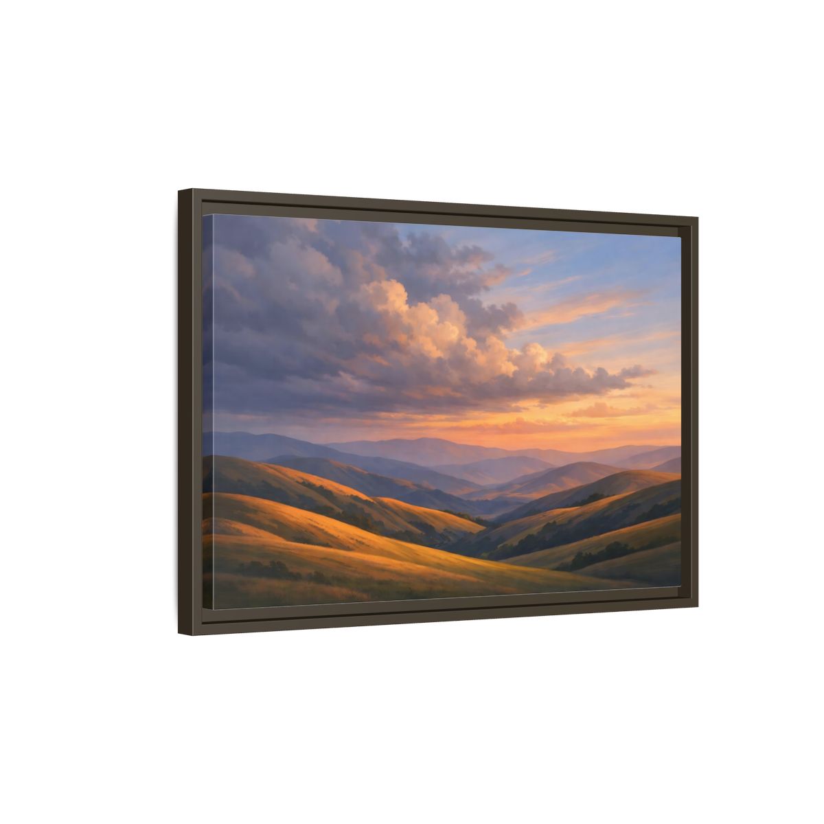 Side Mockup 2. Nature Rolling Hills Golden Sunset Landscape shown as stretched canvas wall art