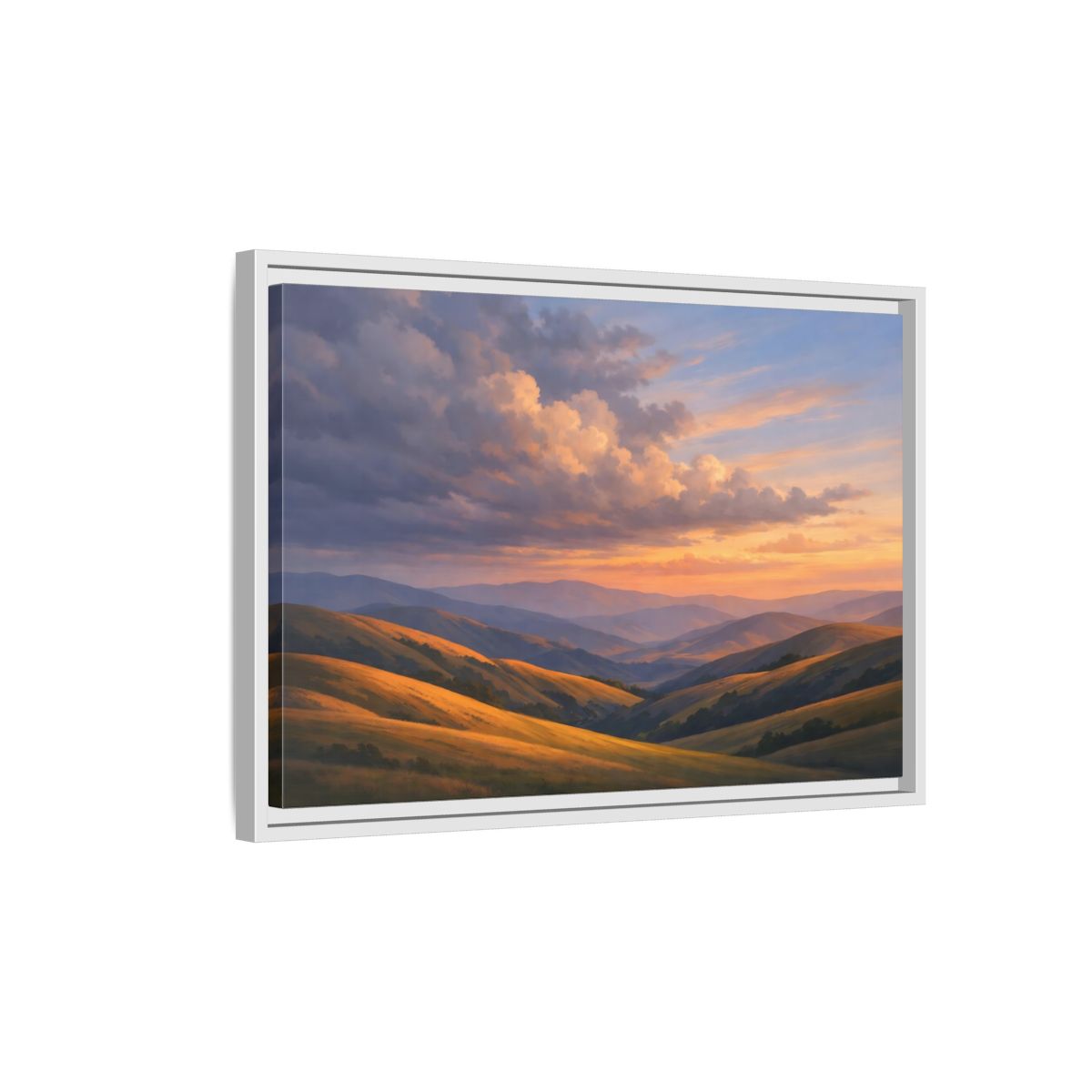 Side Mockup 1. Nature Rolling Hills Golden Sunset Landscape shown as stretched canvas wall art