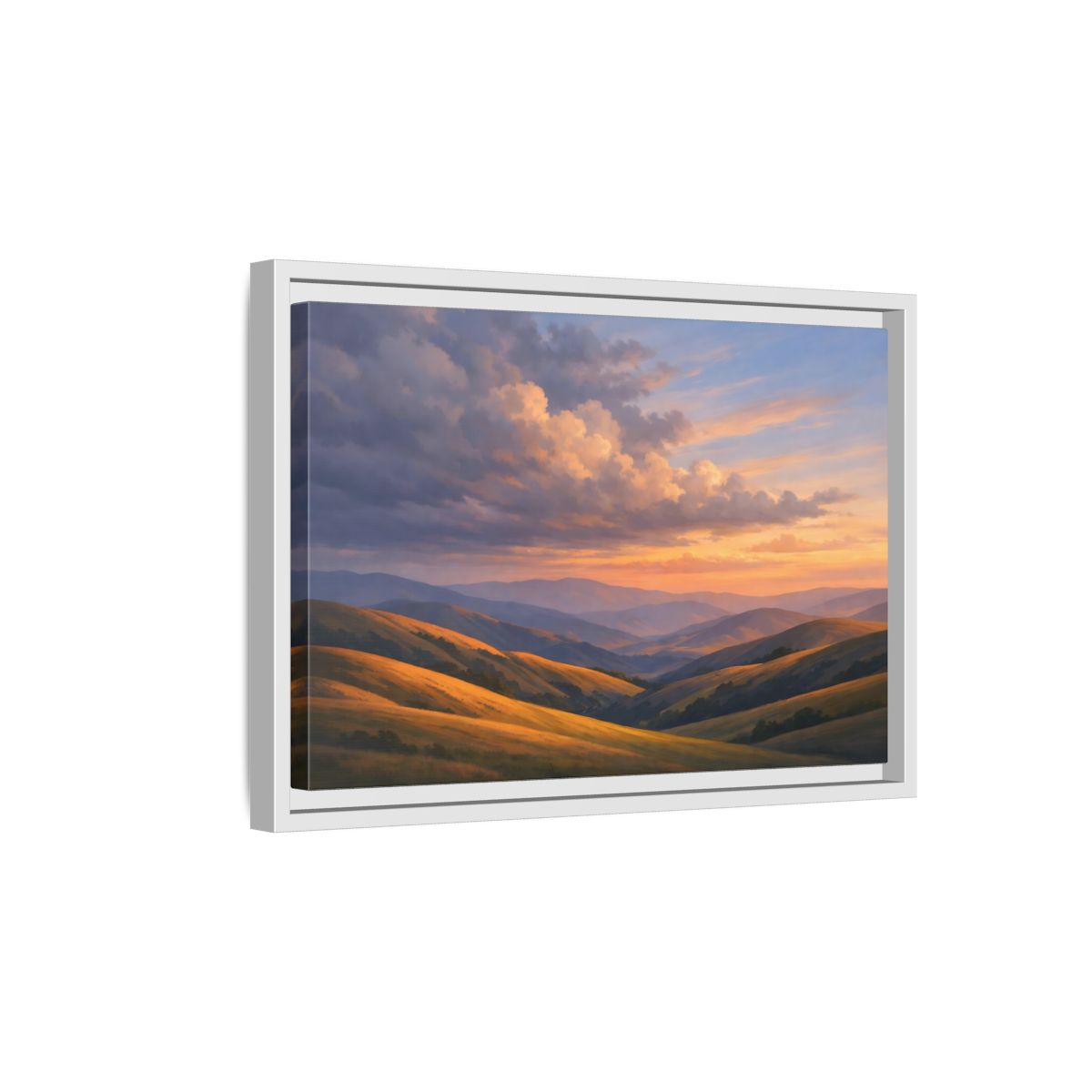 Side Mockup 4. Nature Rolling Hills Golden Sunset Landscape shown as stretched canvas wall art