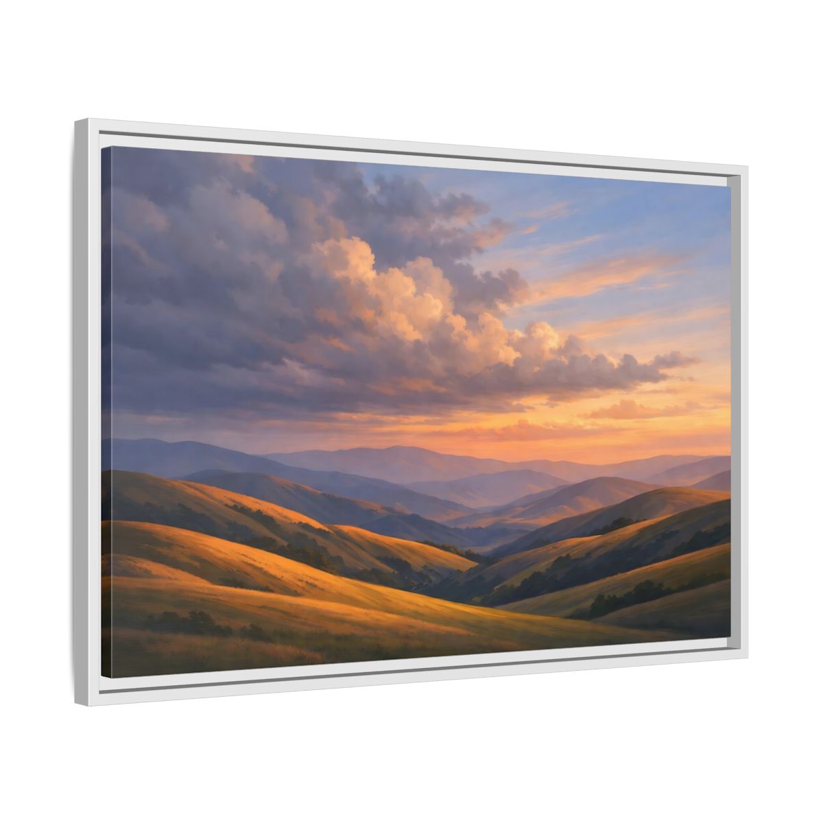 Side Mockup 10. Nature Rolling Hills Golden Sunset Landscape shown as stretched canvas wall art