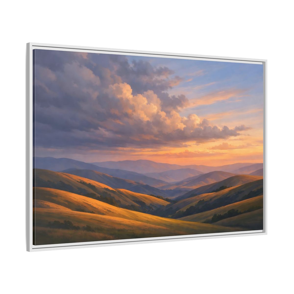 Side Mockup 7. Nature Rolling Hills Golden Sunset Landscape shown as stretched canvas wall art