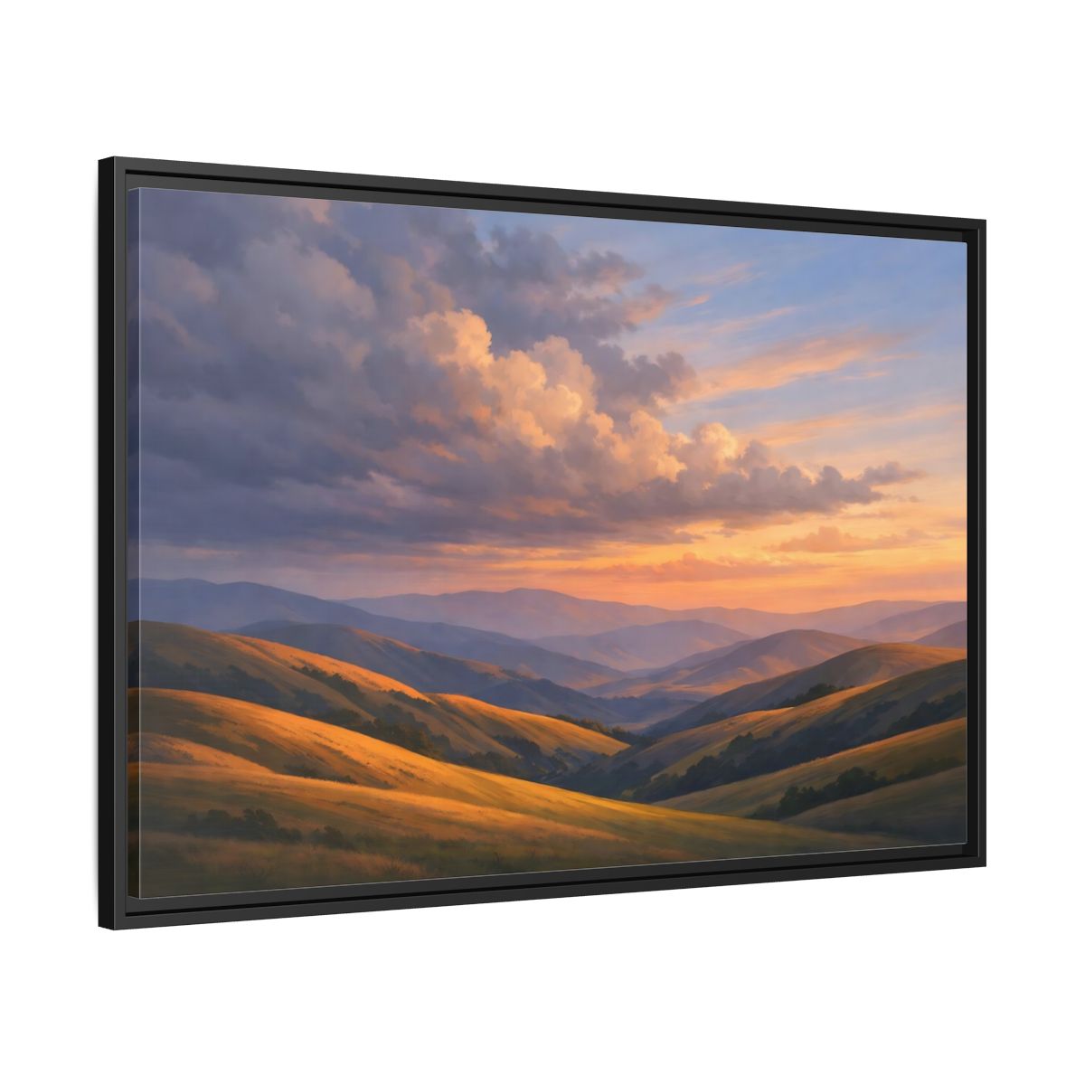 Side Mockup 13. Nature Rolling Hills Golden Sunset Landscape shown as stretched canvas wall art