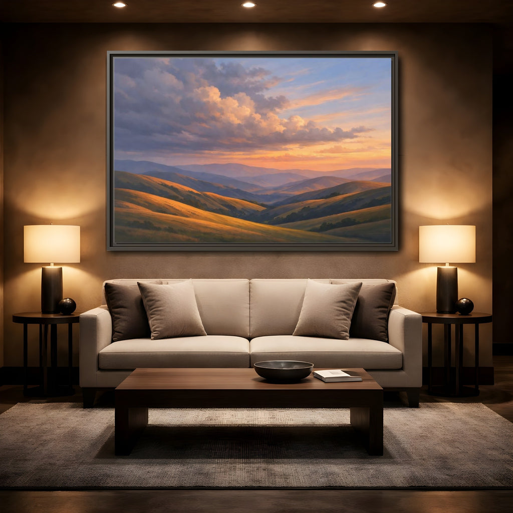 Mockup 2. Nature Rolling Hills Golden Sunset Landscape shown as stretched canvas wall art