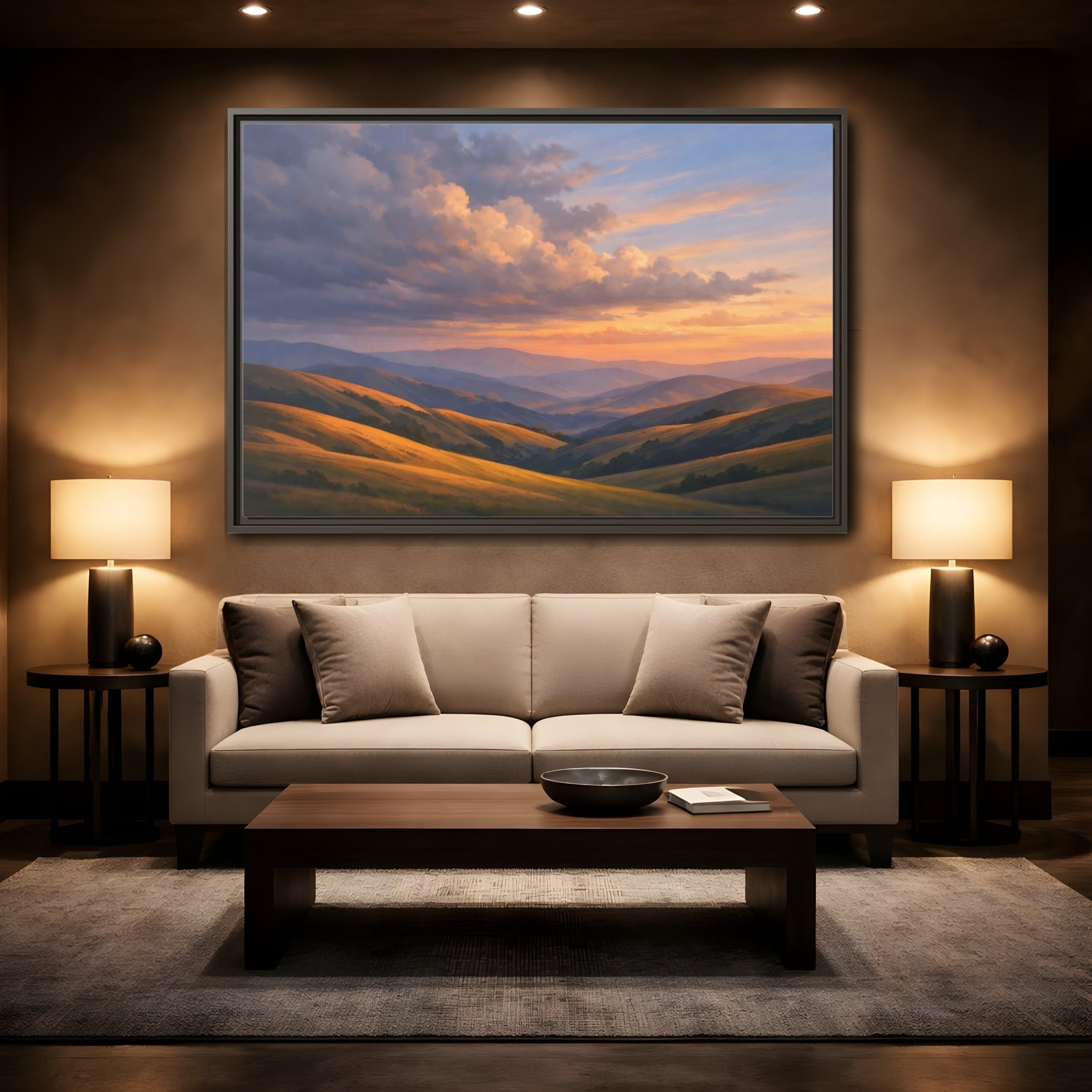 Mockup 2. Nature Rolling Hills Golden Sunset Landscape shown as stretched canvas wall art