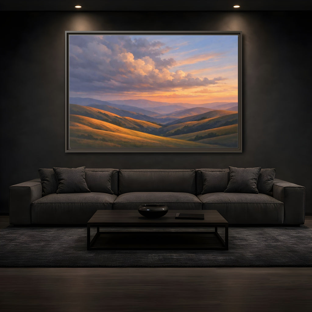 Mockup 3. Nature Rolling Hills Golden Sunset Landscape shown as stretched canvas wall art