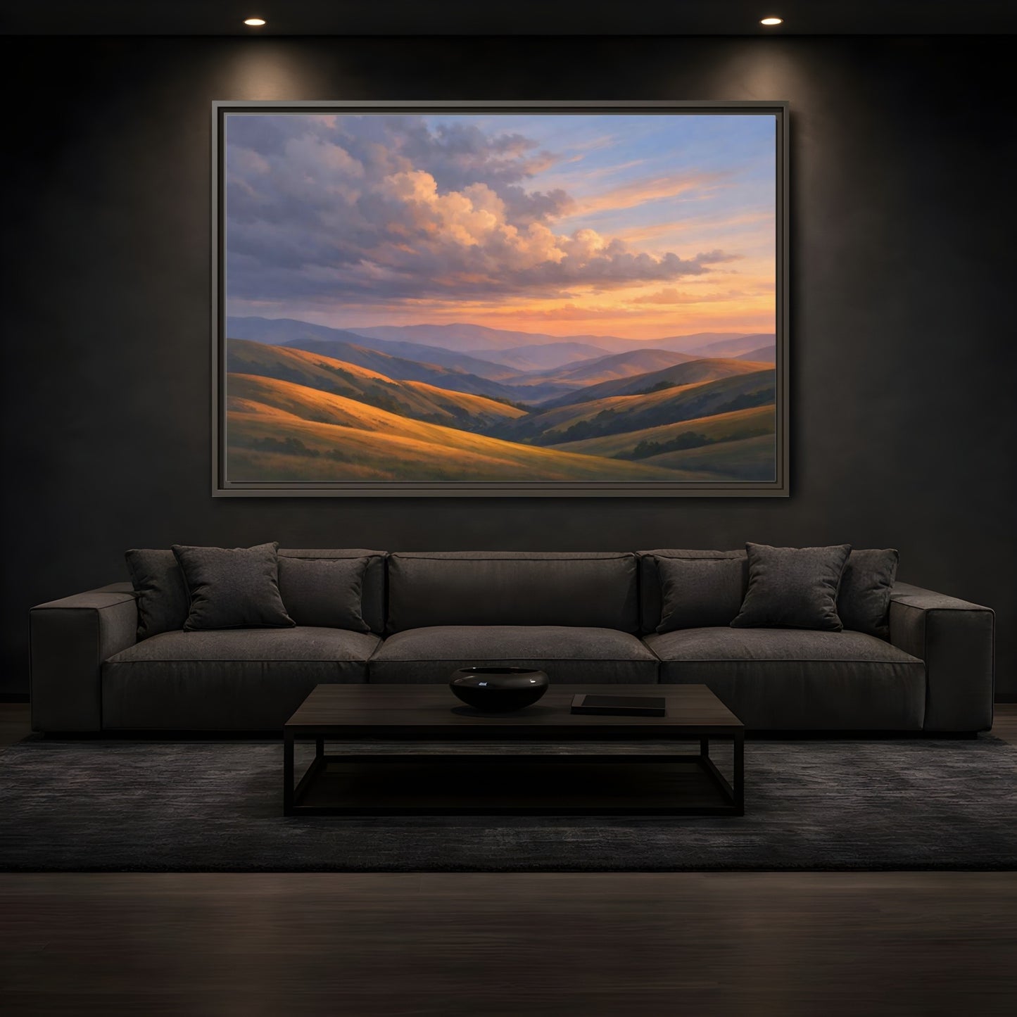 Mockup 3. Nature Rolling Hills Golden Sunset Landscape shown as stretched canvas wall art