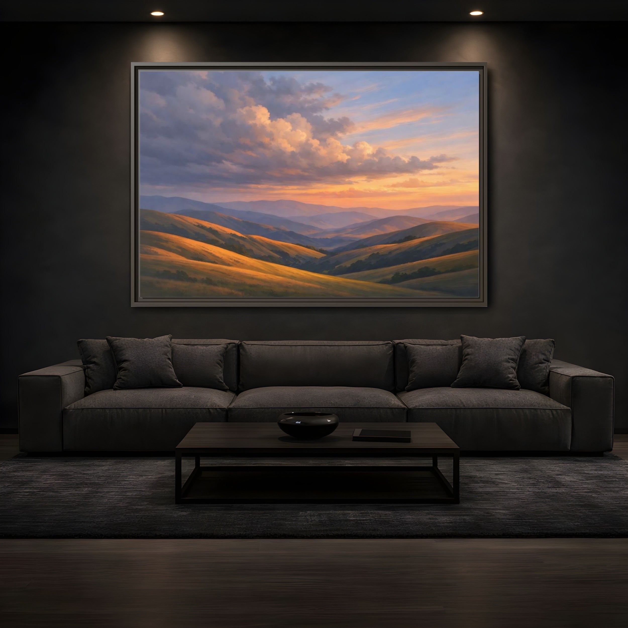 Mockup 3. Nature Rolling Hills Golden Sunset Landscape shown as stretched canvas wall art