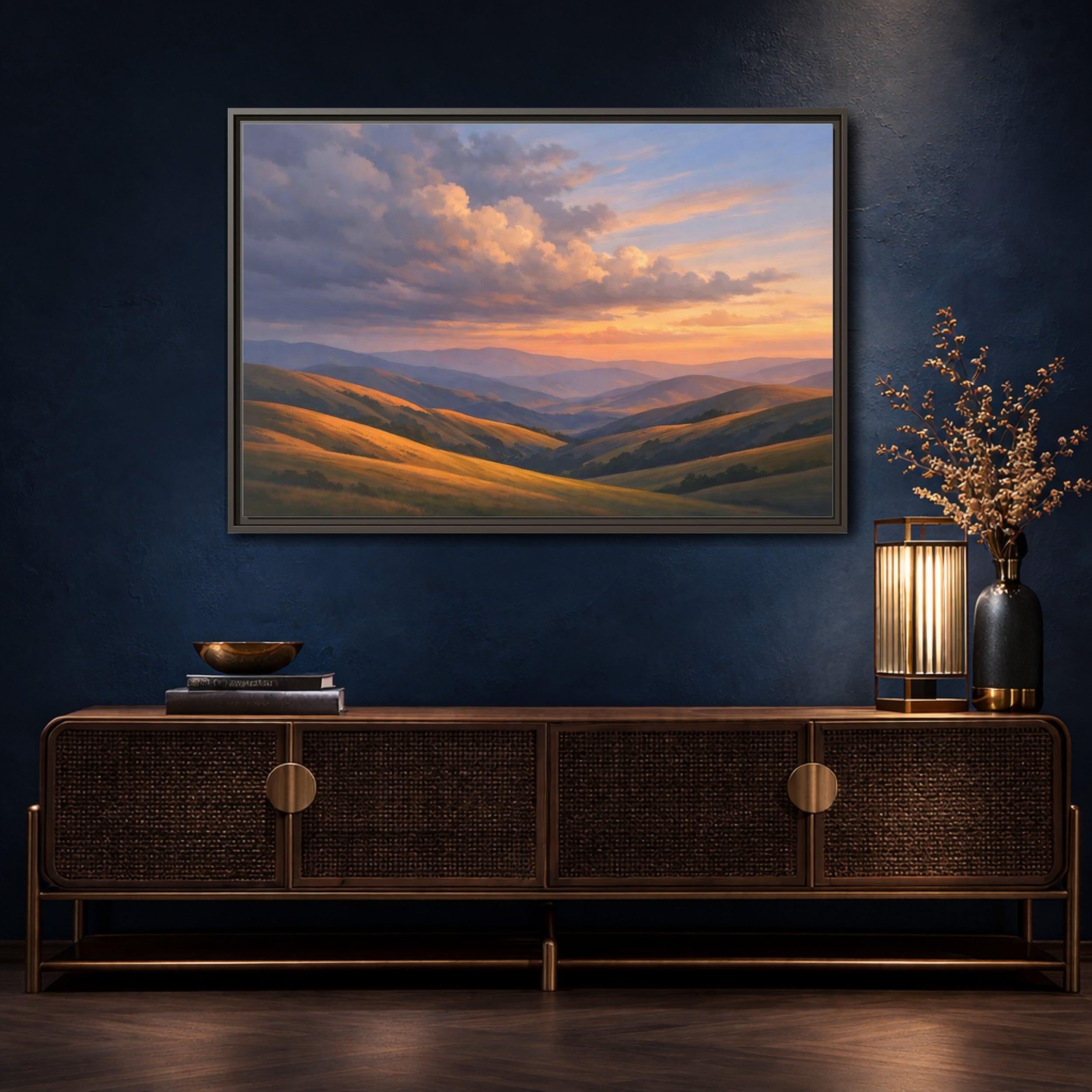 Mockup 4. Nature Rolling Hills Golden Sunset Landscape shown as stretched canvas wall art