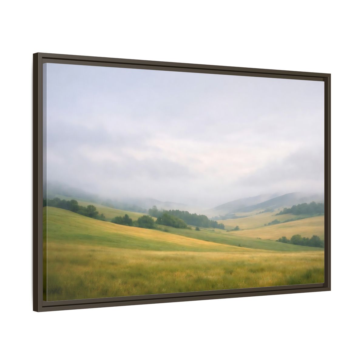 Main Mockup. Nature Rolling Hills Green And Grey shown as stretched canvas wall art