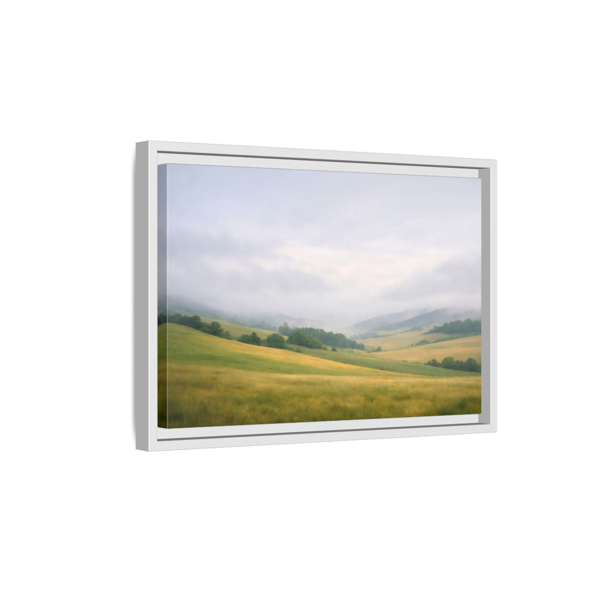 Side Mockup 4. Nature Rolling Hills Green And Grey shown as stretched canvas wall art