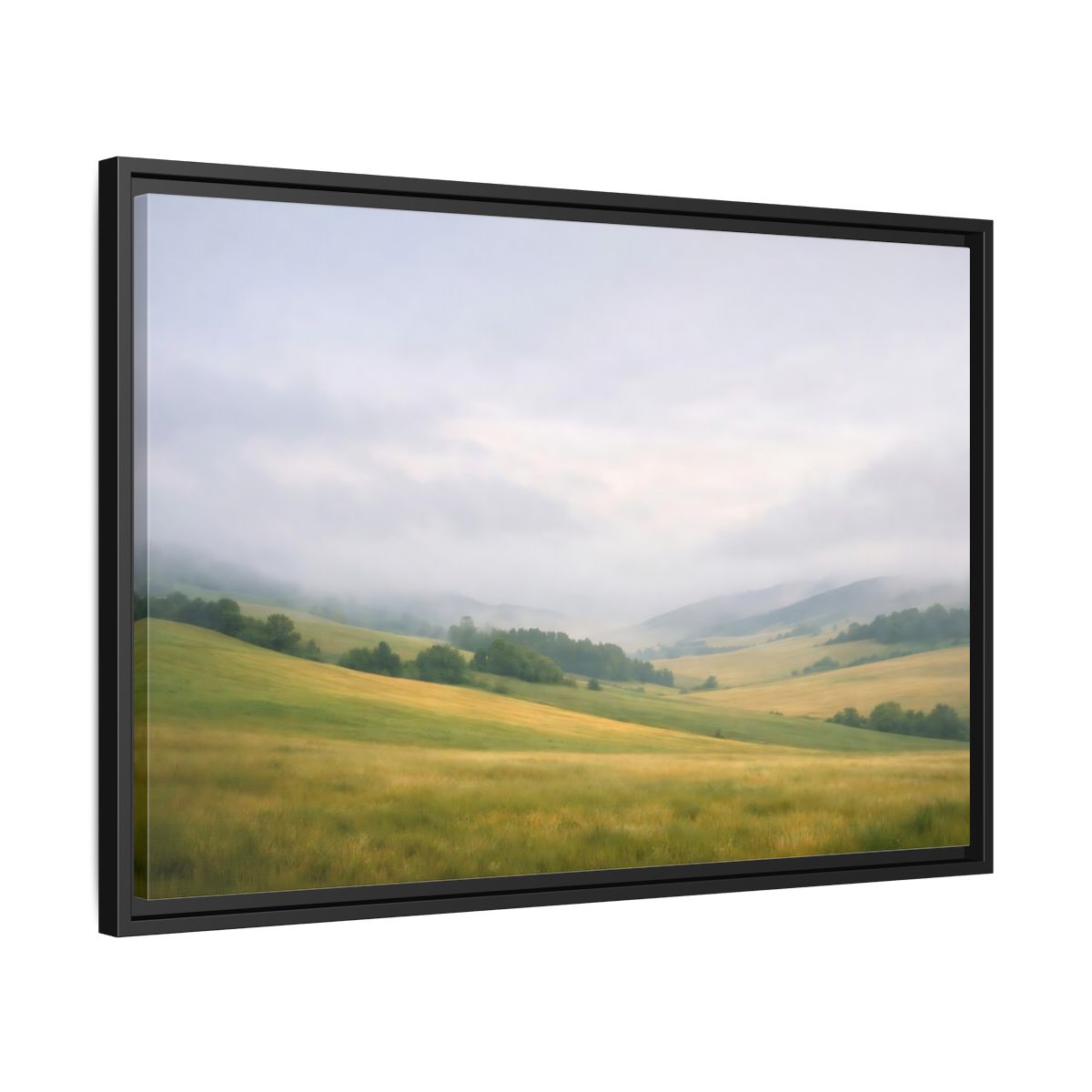 Side Mockup 14. Nature Rolling Hills Green And Grey shown as stretched canvas wall art
