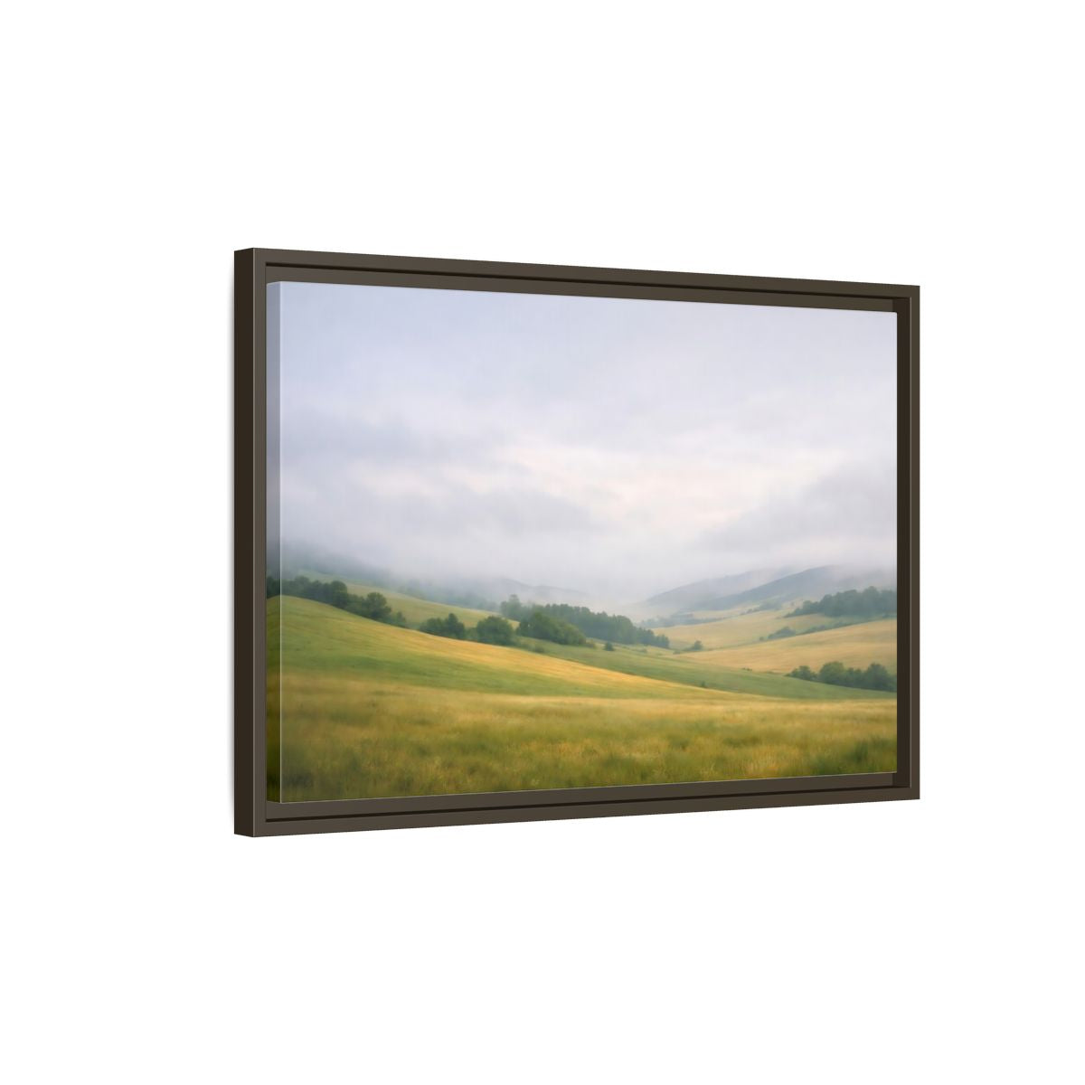 Side Mockup 2. Nature Rolling Hills Green And Grey shown as stretched canvas wall art