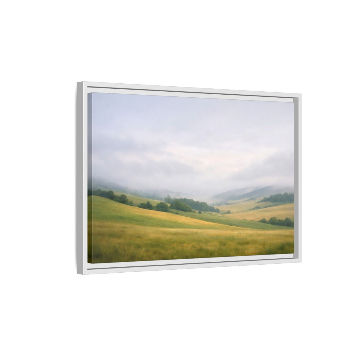 Side Mockup 1. Nature Rolling Hills Green And Grey shown as stretched canvas wall art