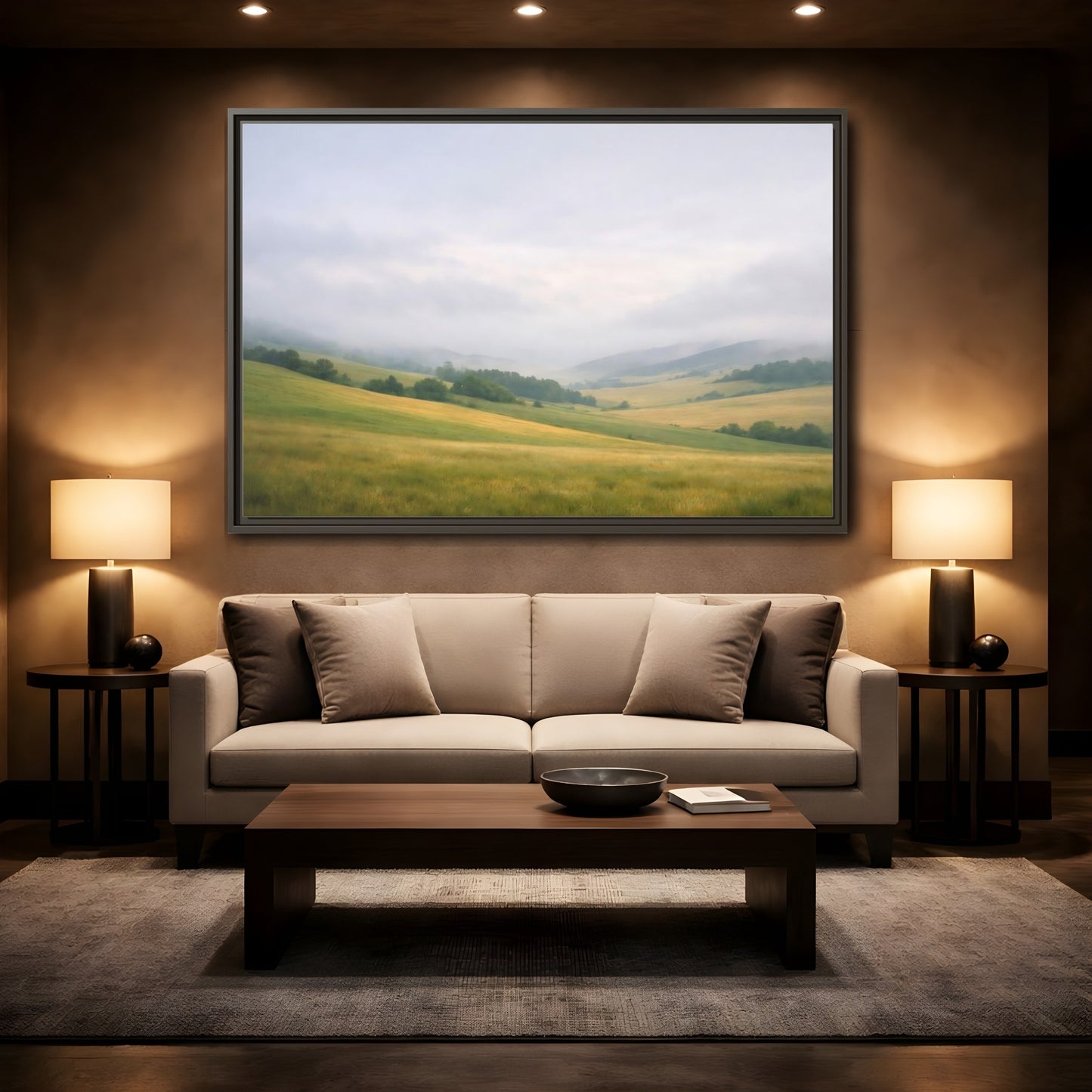 Mockup 2. Nature Rolling Hills Green And Grey shown as stretched canvas wall art