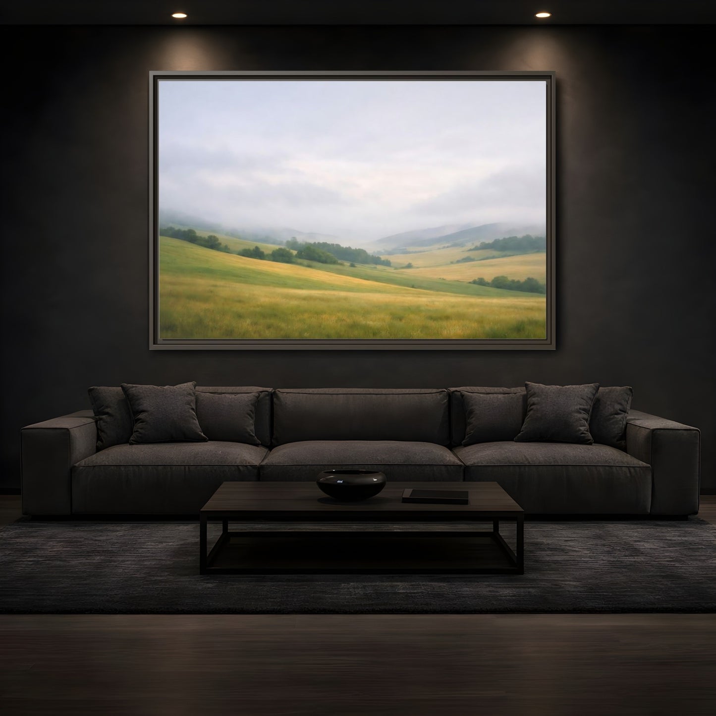 Mockup 3. Nature Rolling Hills Green And Grey shown as stretched canvas wall art