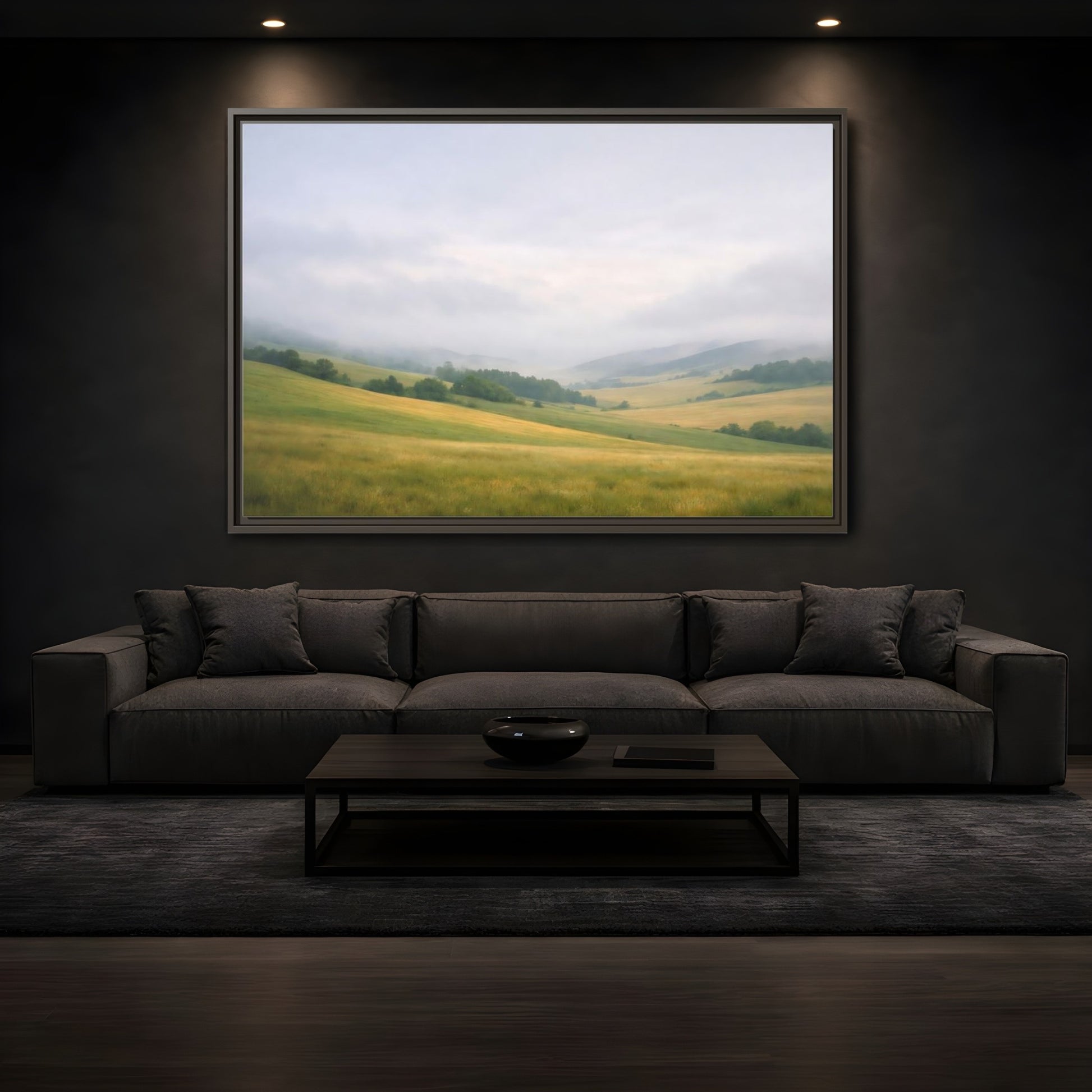 Mockup 3. Nature Rolling Hills Green And Grey shown as stretched canvas wall art