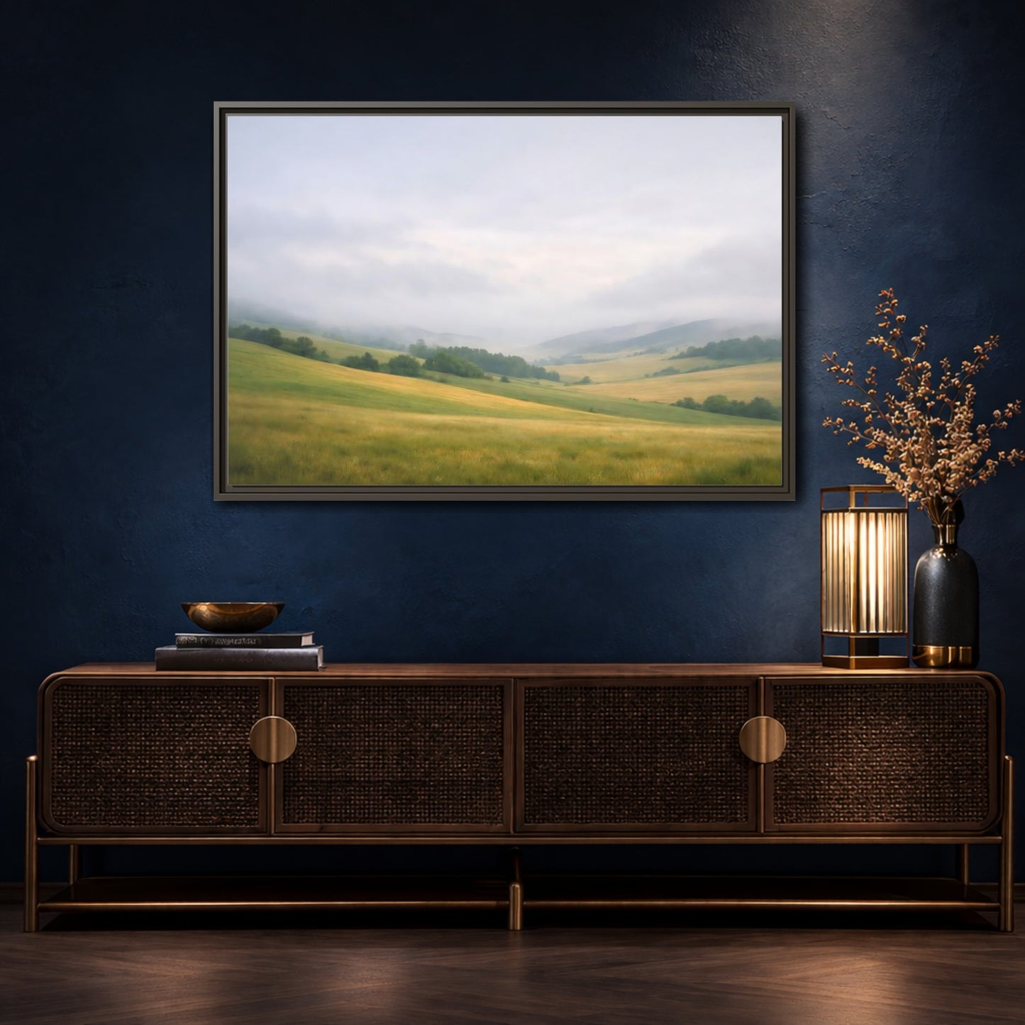 Mockup 4. Nature Rolling Hills Green And Grey shown as stretched canvas wall art
