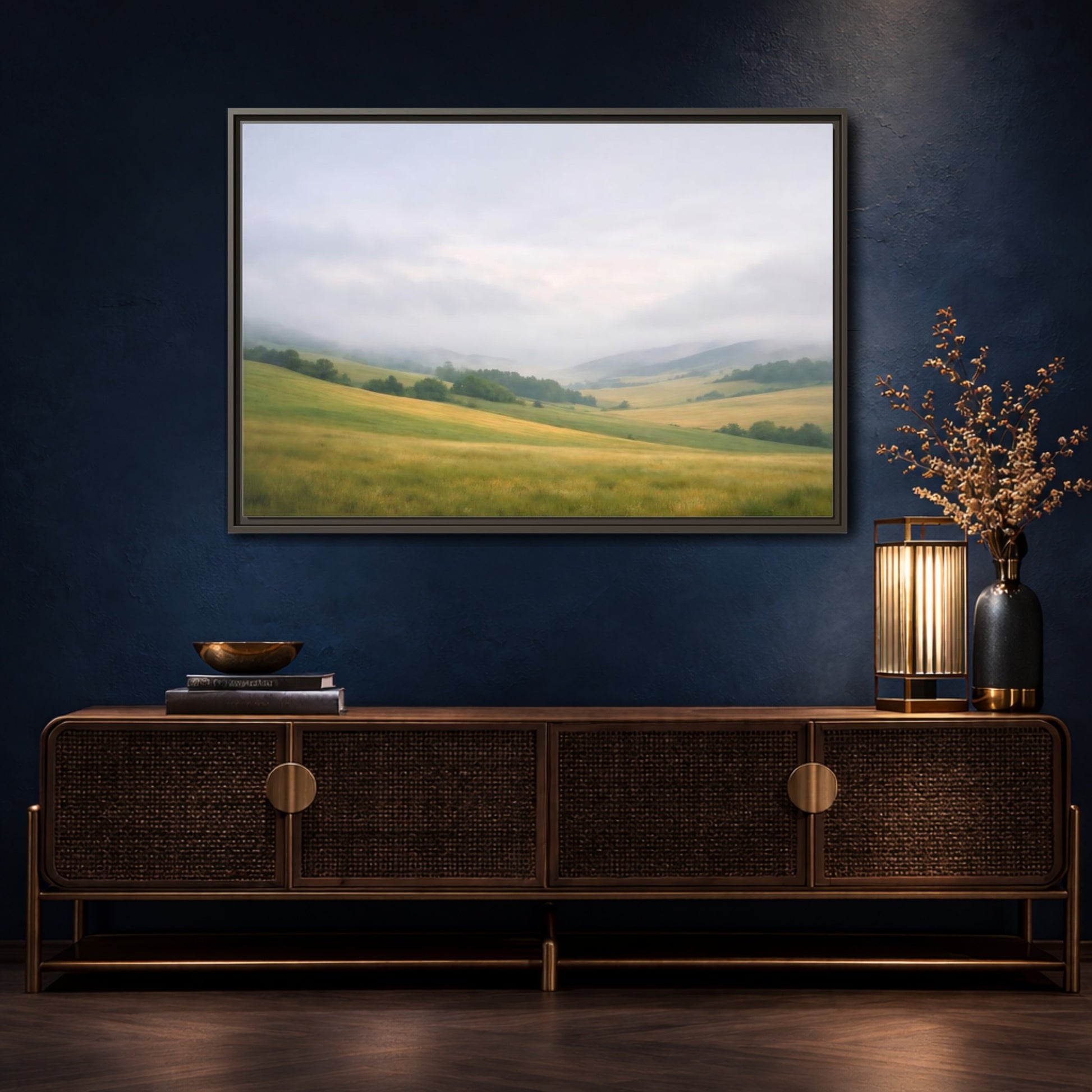 Mockup 4. Nature Rolling Hills Green And Grey shown as stretched canvas wall art