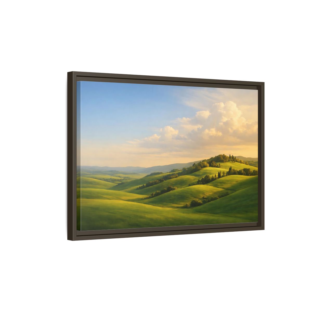 Side Mockup 2. Nature Rolling Hills Green Landscape shown as stretched canvas wall art