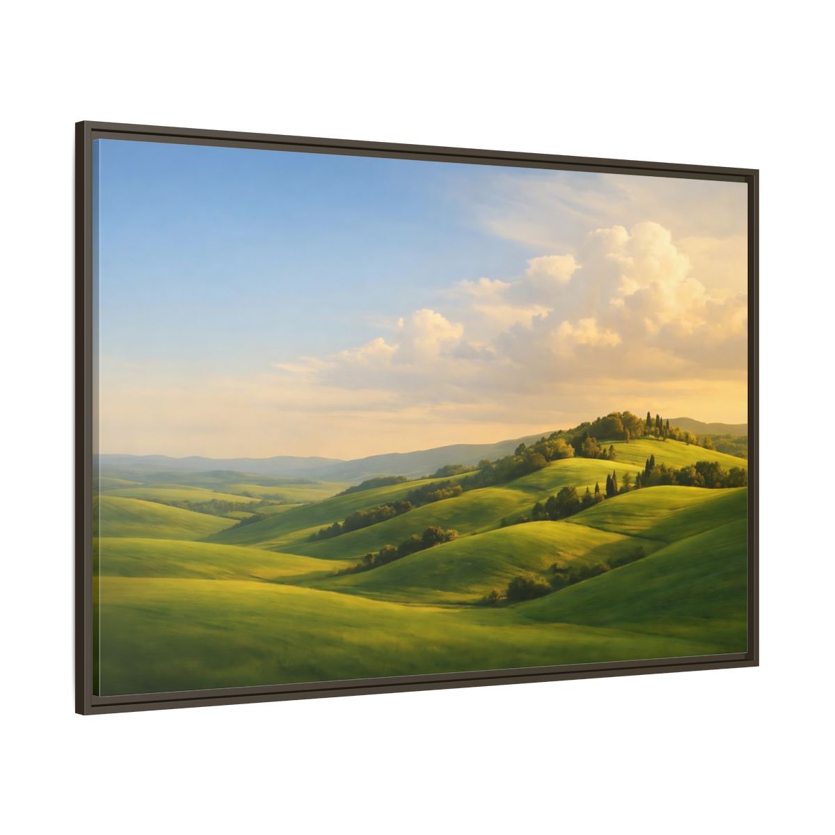 Side Mockup 8. Nature Rolling Hills Green Landscape shown as stretched canvas wall art