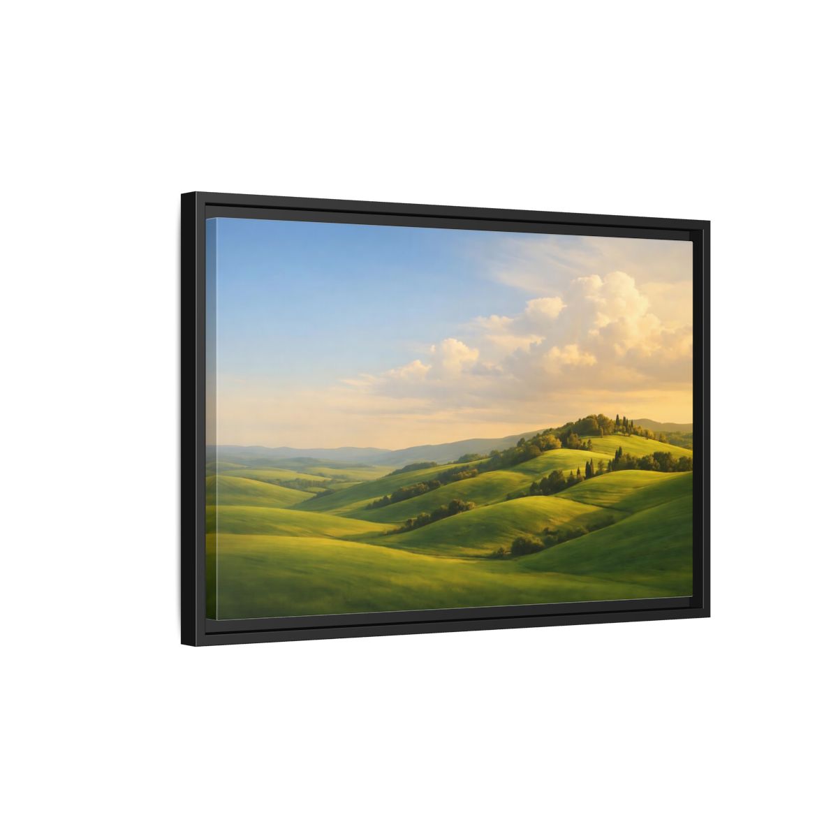 Side Mockup 3. Nature Rolling Hills Green Landscape shown as stretched canvas wall art
