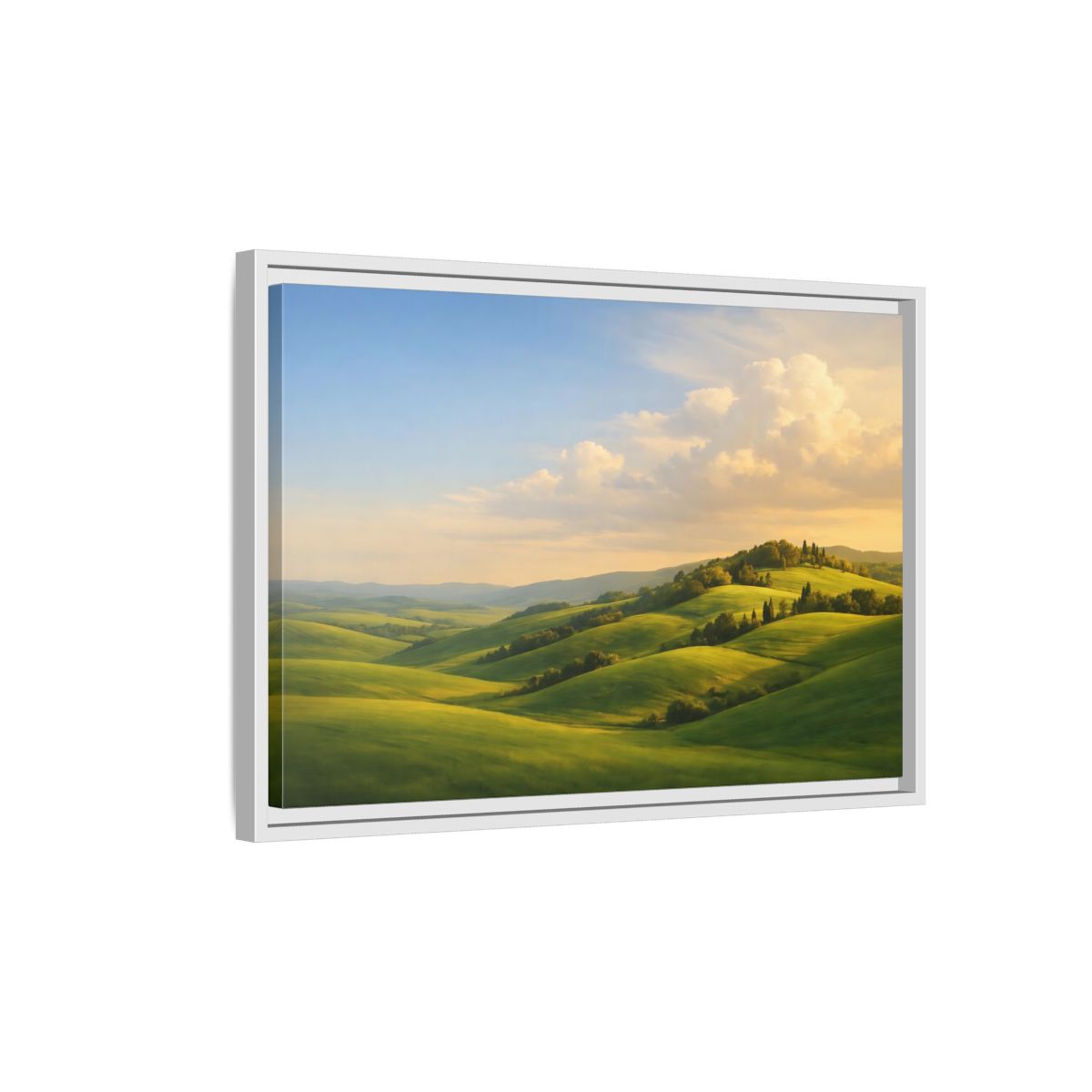 Side Mockup 1. Nature Rolling Hills Green Landscape shown as stretched canvas wall art