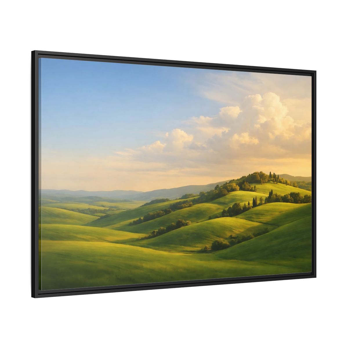 Side Mockup 12. Nature Rolling Hills Green Landscape shown as stretched canvas wall art