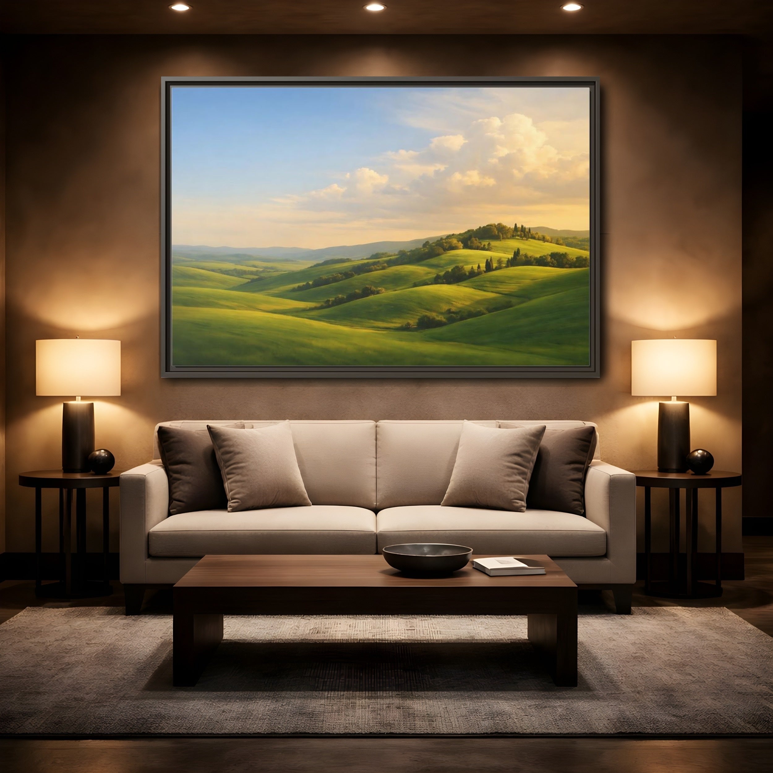 Mockup 2. Nature Rolling Hills Green Landscape shown as stretched canvas wall art