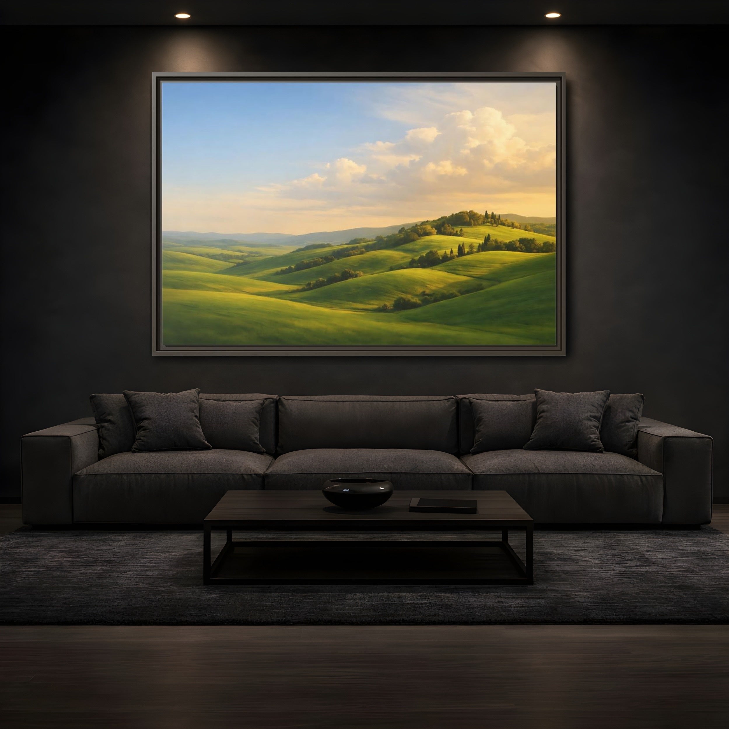 Mockup 3. Nature Rolling Hills Green Landscape shown as stretched canvas wall art