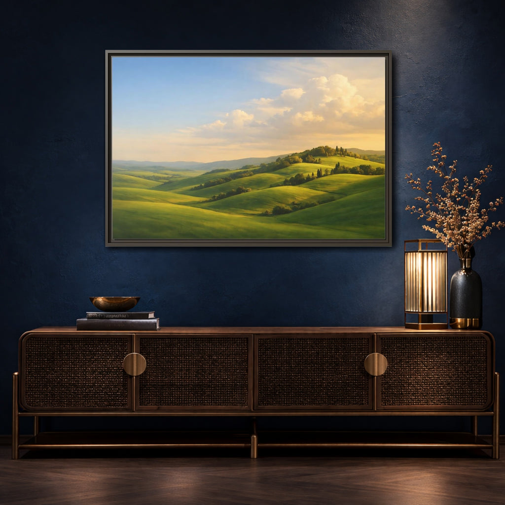 Mockup 4. Nature Rolling Hills Green Landscape shown as stretched canvas wall art