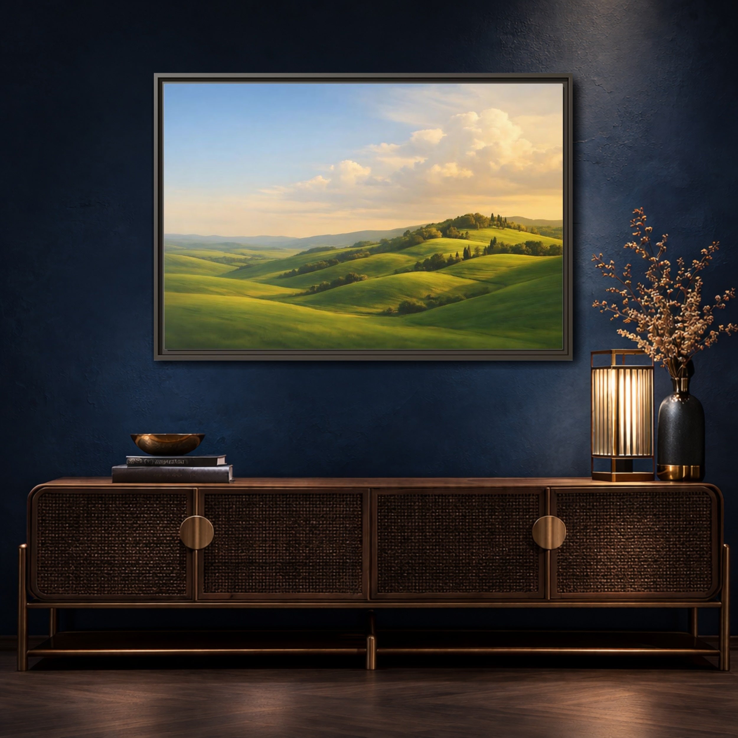 Mockup 4. Nature Rolling Hills Green Landscape shown as stretched canvas wall art
