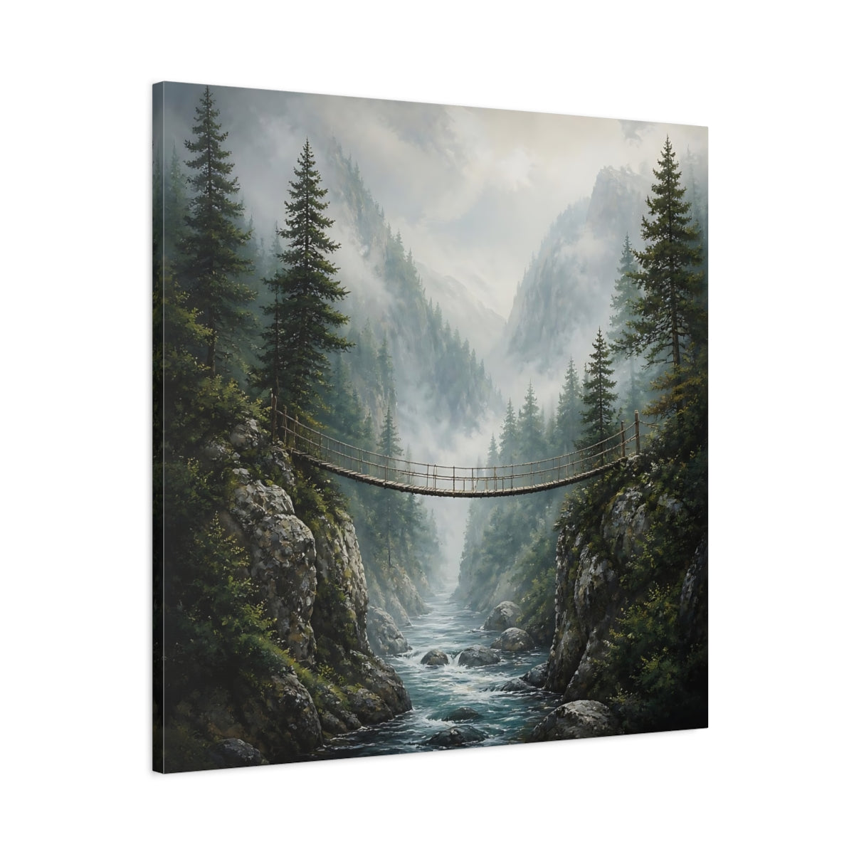 Main Mockup. Nature Rope Bridge Misty Mountain Bridge shown as stretched canvas wall art