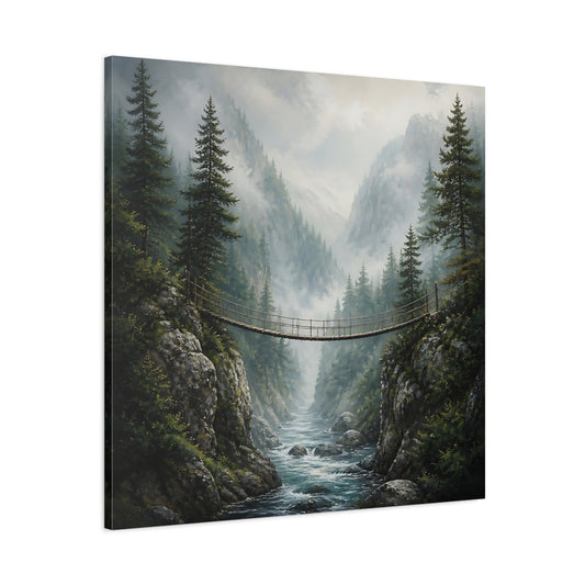 Main Mockup. Nature Rope Bridge Misty Mountain Bridge shown as stretched canvas wall art
