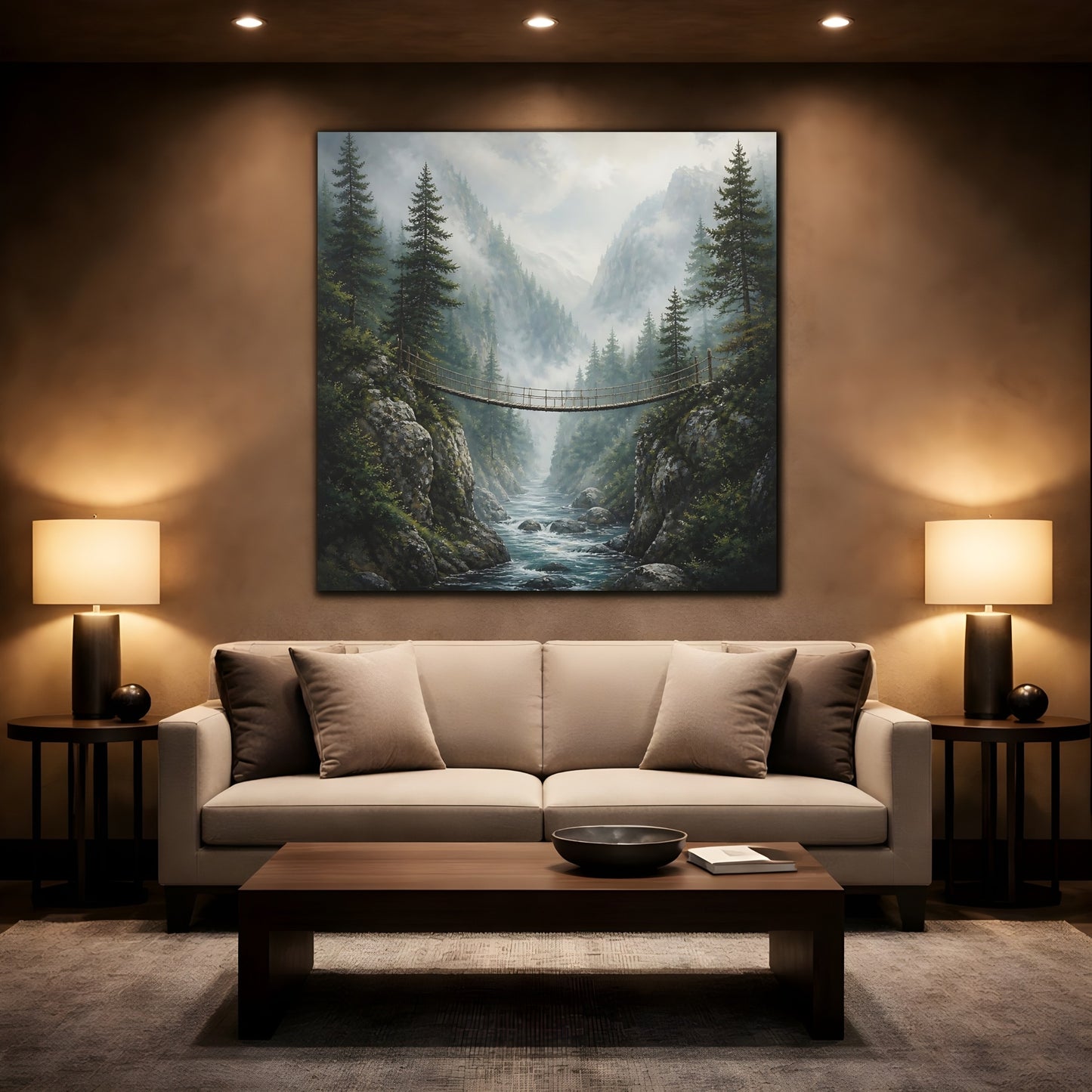 Mockup 2. Nature Rope Bridge Misty Mountain Bridge shown as stretched canvas wall art