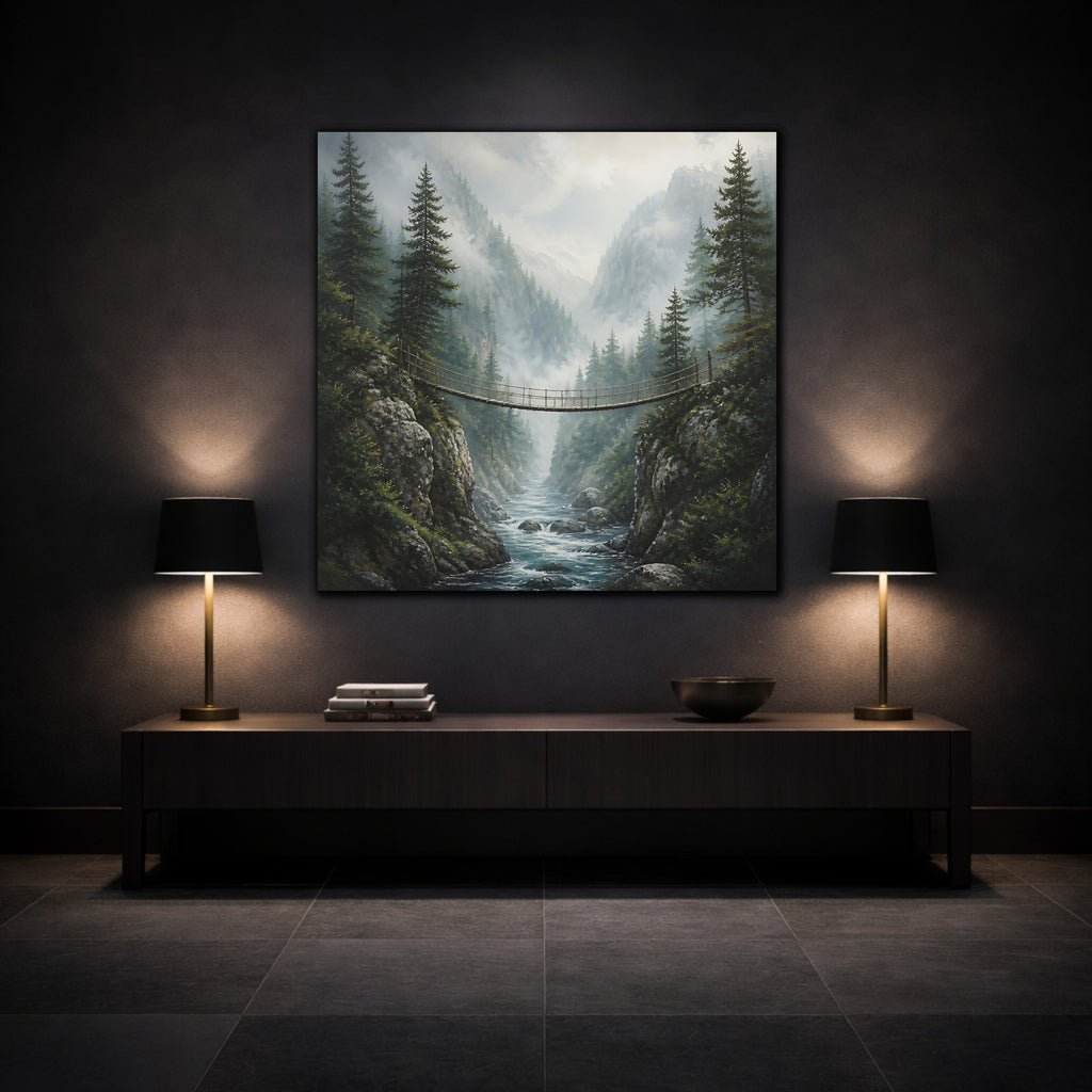 Mockup 3. Nature Rope Bridge Misty Mountain Bridge shown as stretched canvas wall art