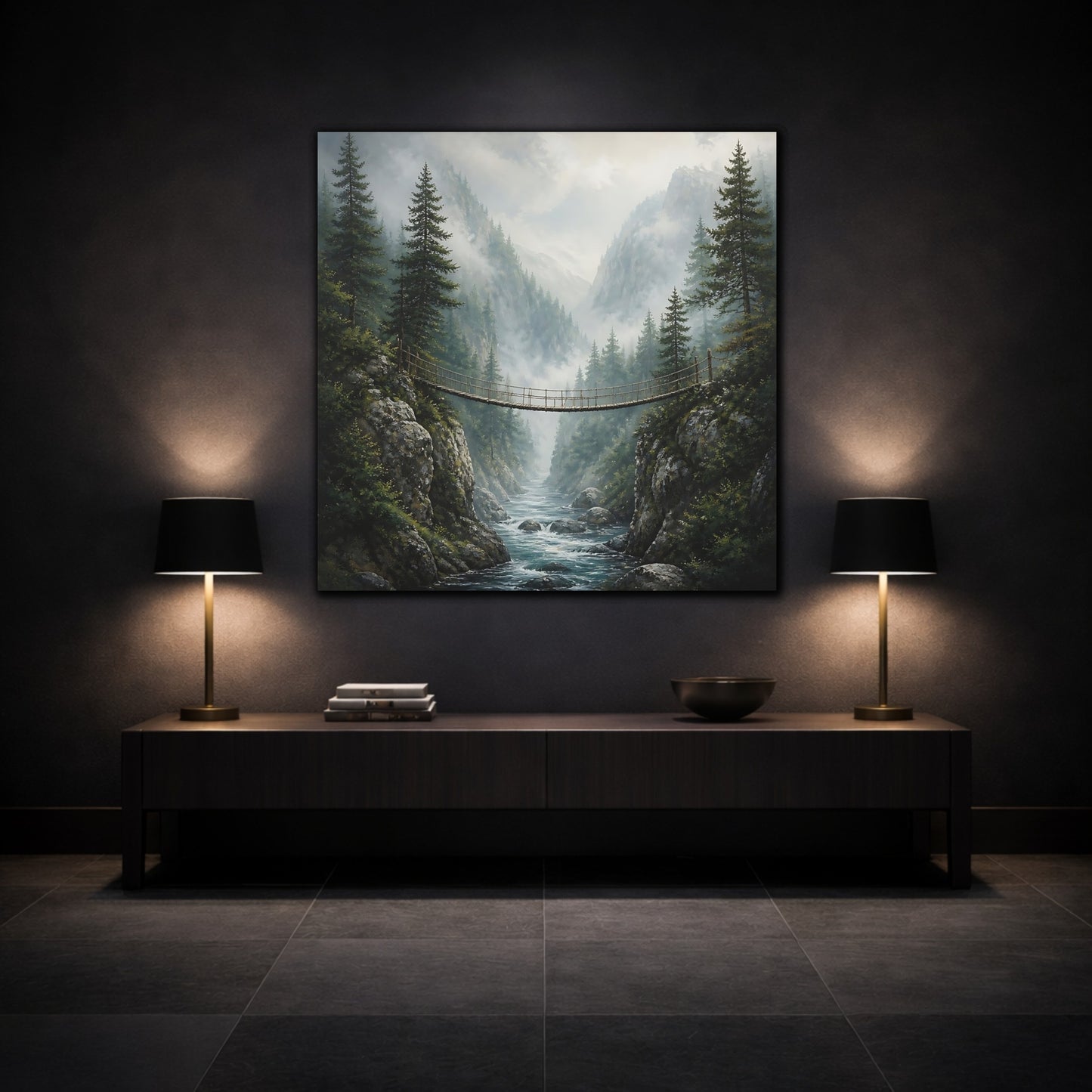 Mockup 3. Nature Rope Bridge Misty Mountain Bridge shown as stretched canvas wall art