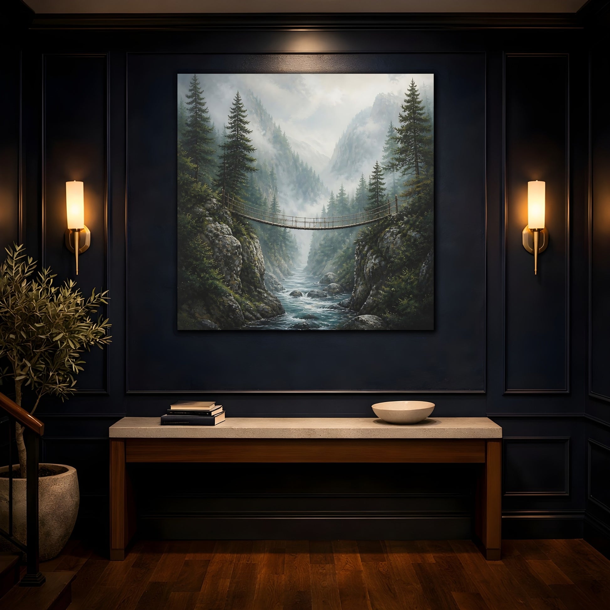 Mockup 4. Nature Rope Bridge Misty Mountain Bridge shown as stretched canvas wall art