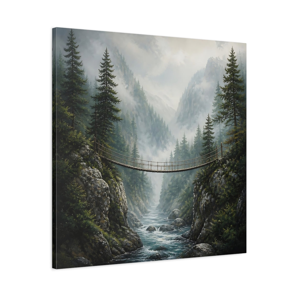 Side Mockup 3. Nature Rope Bridge Misty Mountain Bridge shown as stretched canvas wall art
