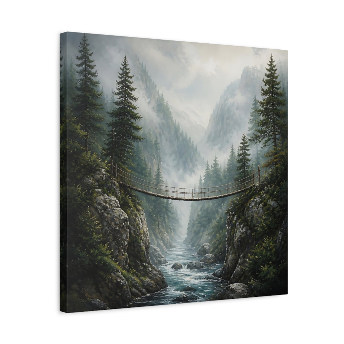 Side Mockup 5. Nature Rope Bridge Misty Mountain Bridge shown as stretched canvas wall art