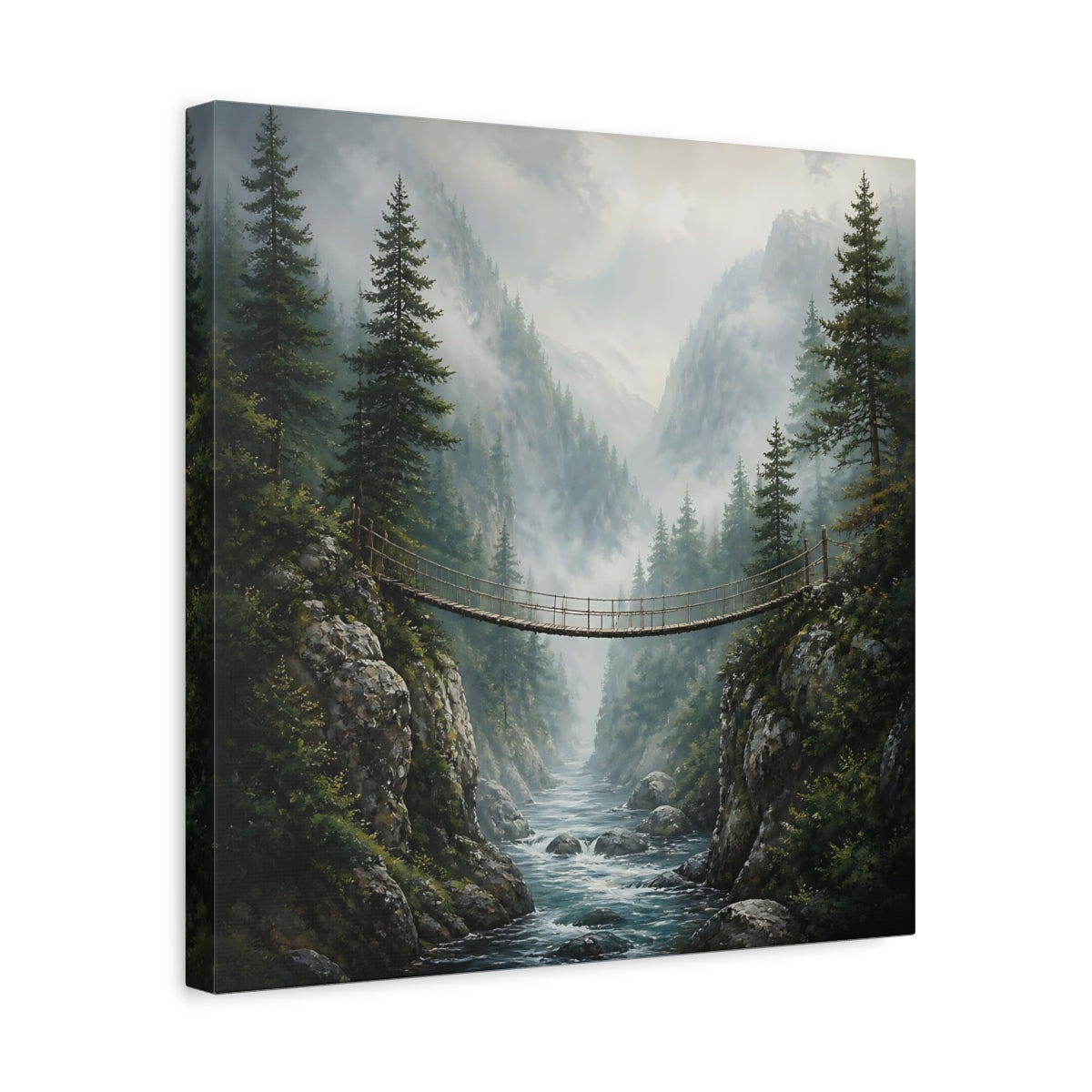 Side Mockup 6. Nature Rope Bridge Misty Mountain Bridge shown as stretched canvas wall art