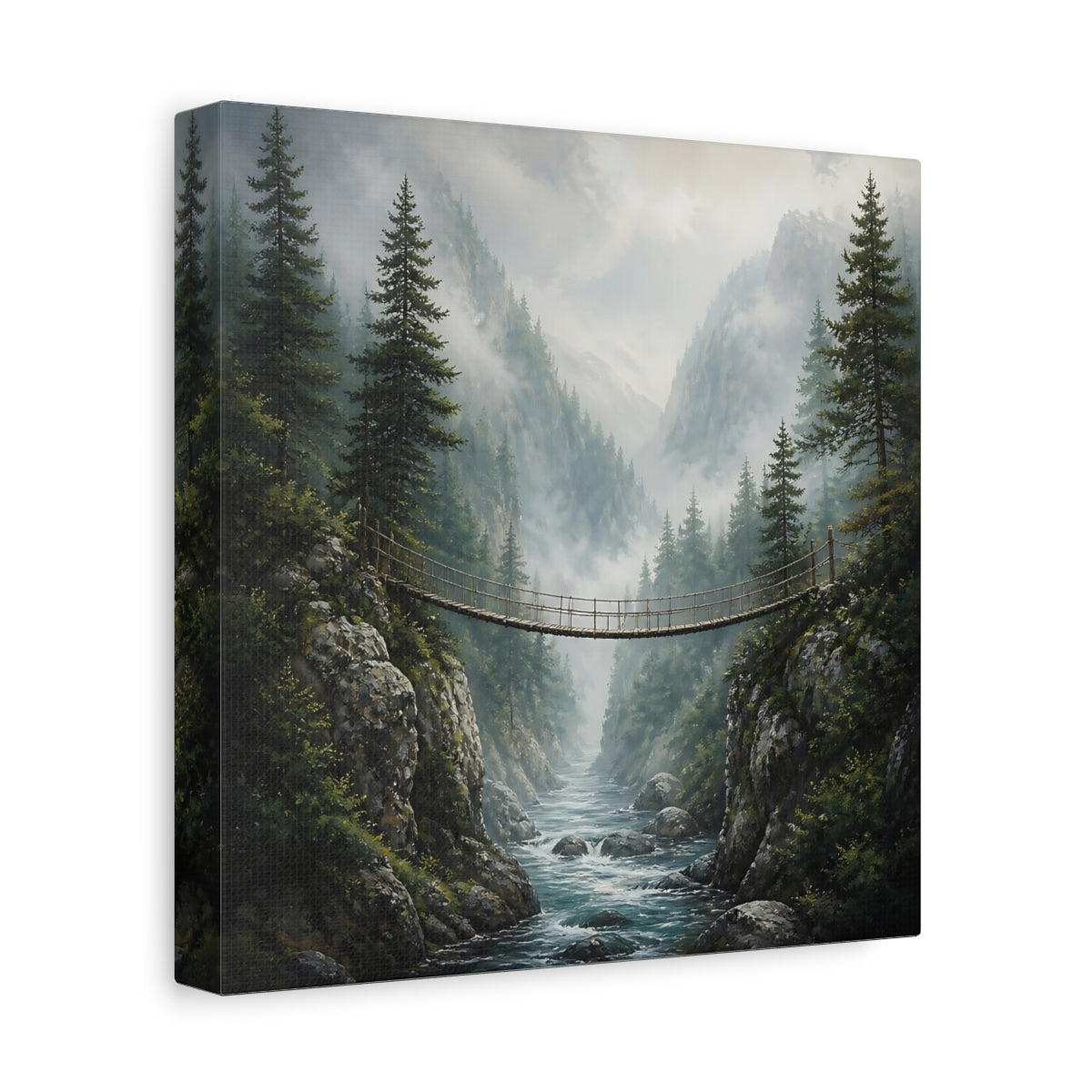 Side Mockup 9. Nature Rope Bridge Misty Mountain Bridge shown as stretched canvas wall art
