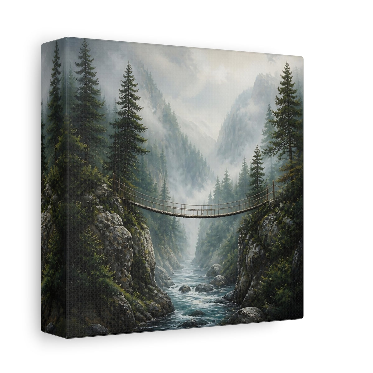 Side Mockup 2. Nature Rope Bridge Misty Mountain Bridge shown as stretched canvas wall art