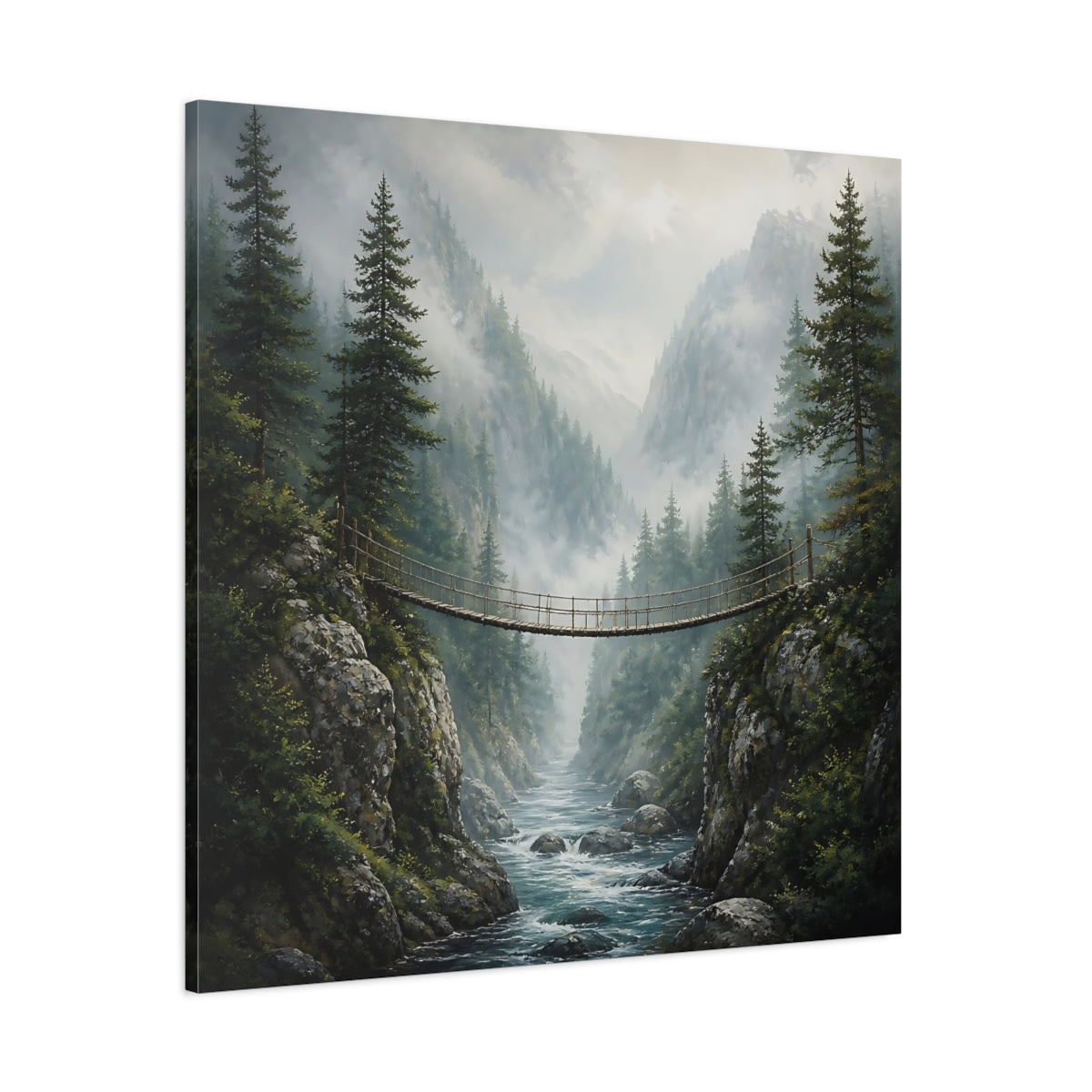 Side Mockup 1. Nature Rope Bridge Misty Mountain Bridge shown as stretched canvas wall art