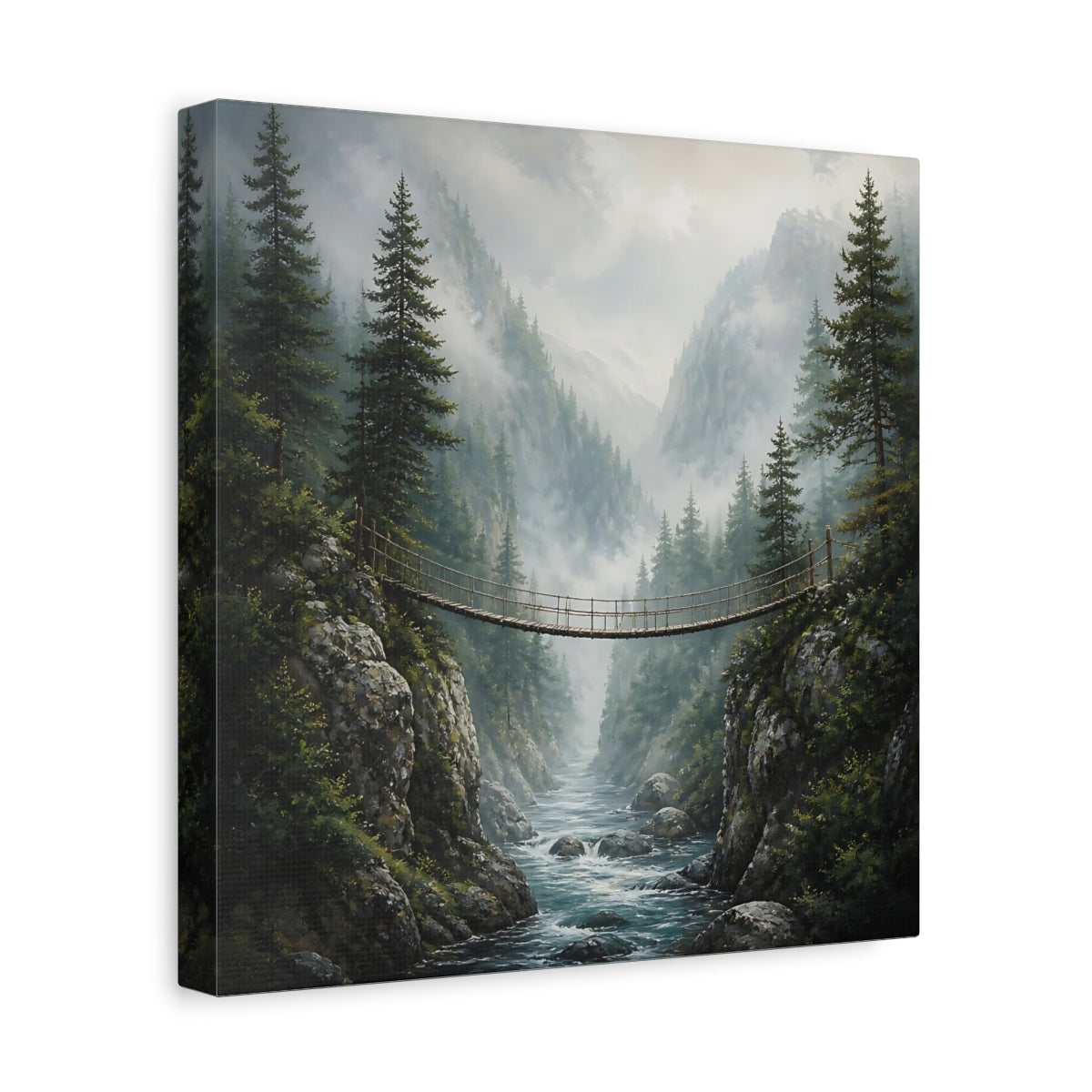 Side Mockup 8. Nature Rope Bridge Misty Mountain Bridge shown as stretched canvas wall art