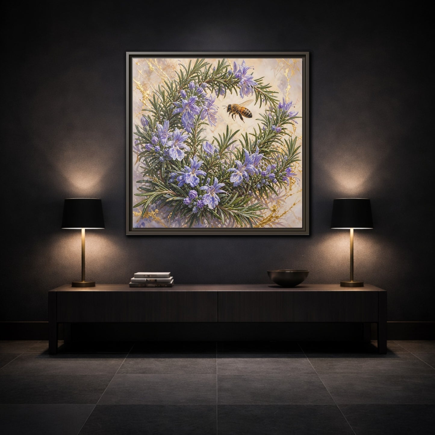 Mockup 3. Nature Rosemary Bee Rosemary Bee shown as stretched canvas wall art