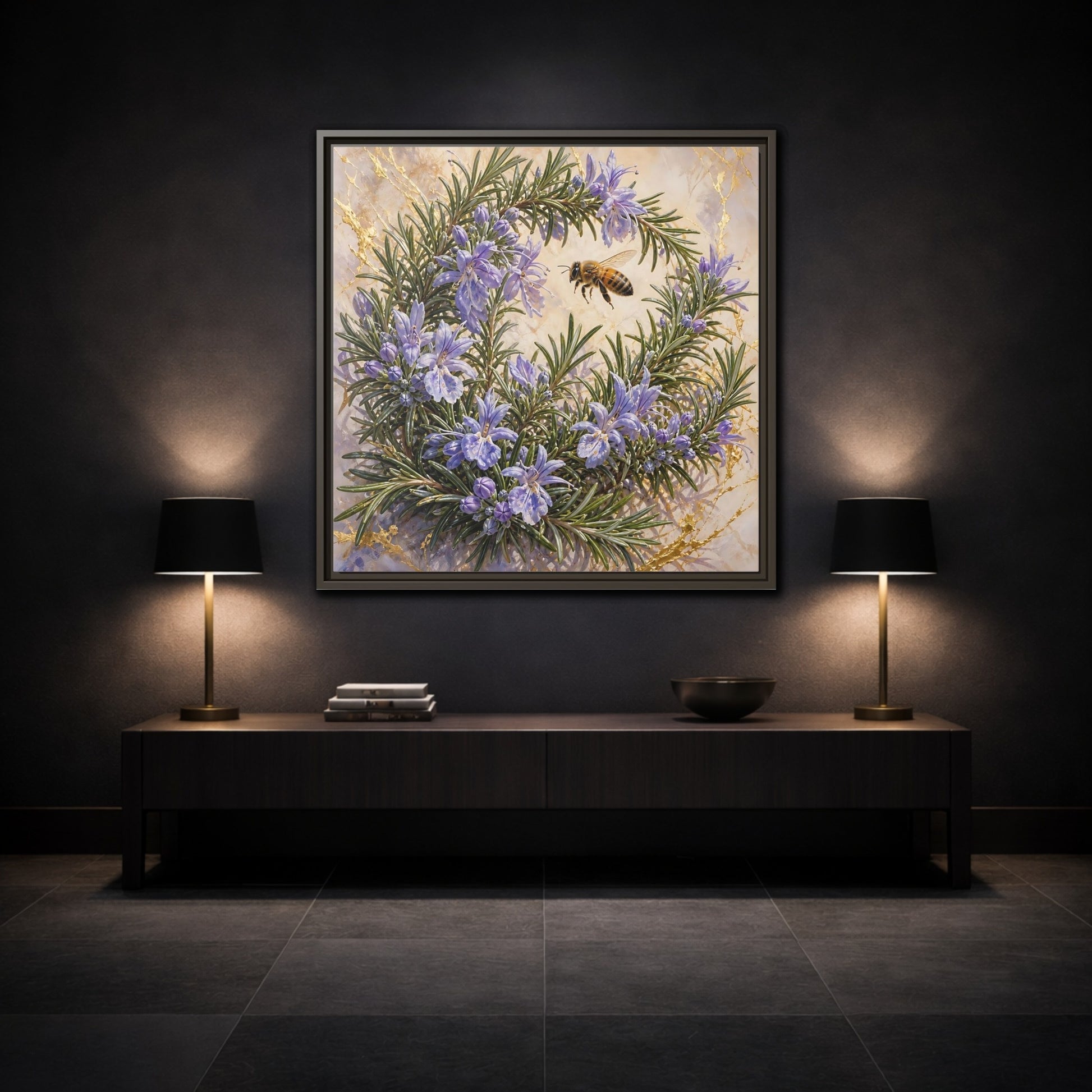 Mockup 3. Nature Rosemary Bee Rosemary Bee shown as stretched canvas wall art
