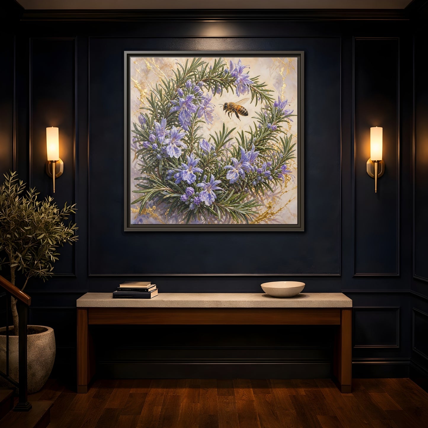 Mockup 4. Nature Rosemary Bee Rosemary Bee shown as stretched canvas wall art