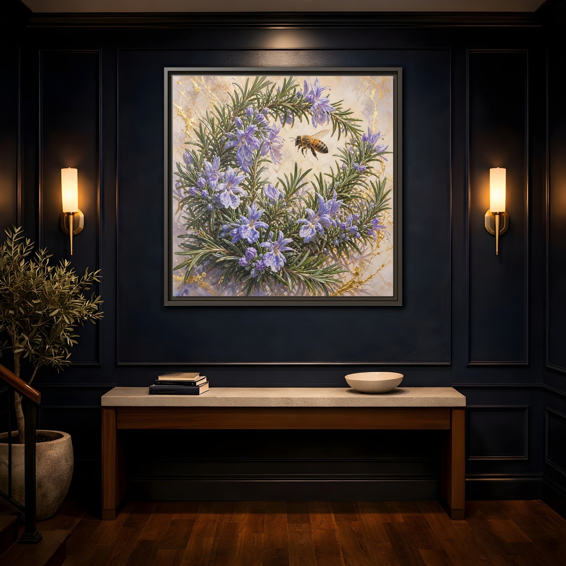 Mockup 4. Nature Rosemary Bee Rosemary Bee shown as stretched canvas wall art